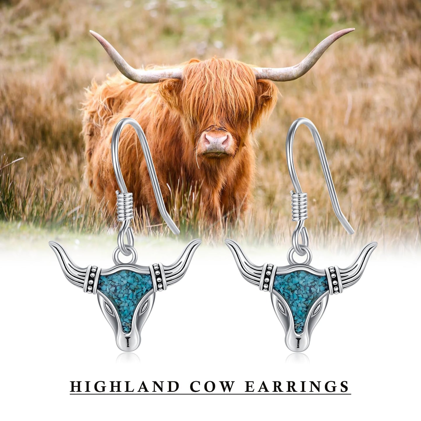 KoyeKei Western Cow Earrings for Cowgirl Cowboy 925 Sterling Silver Turquoise Texas Longhorn Cow Skull Dangle Drop Earrings Western Longhorn Country Jewelry Christmas Graduation Gifts for Mom Women