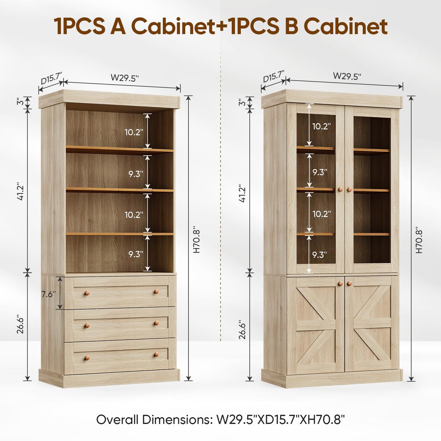 Vyre 71" Tall Farmhouse Kitchen Pantry, Large Storage Cabinets with Glass Doors, Freestanding Wood Hutch Cabinet with 3 Drawers & Adjustable Shelves for Living Room & Dining Room, Brown, Set of 3