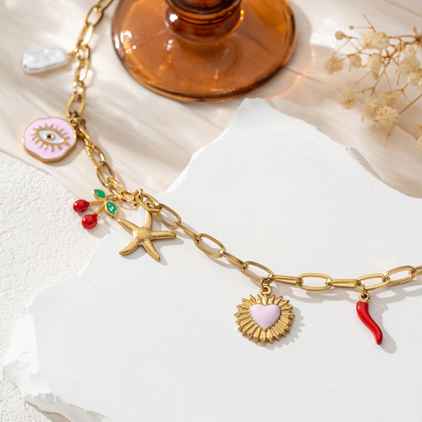 Trendy Stainless Steel Gold Plated Charm Necklace with Heart Pearl Pepper Conch Ceramic Pendant Necklace for Women Collares Chokers Jewelry (Star)