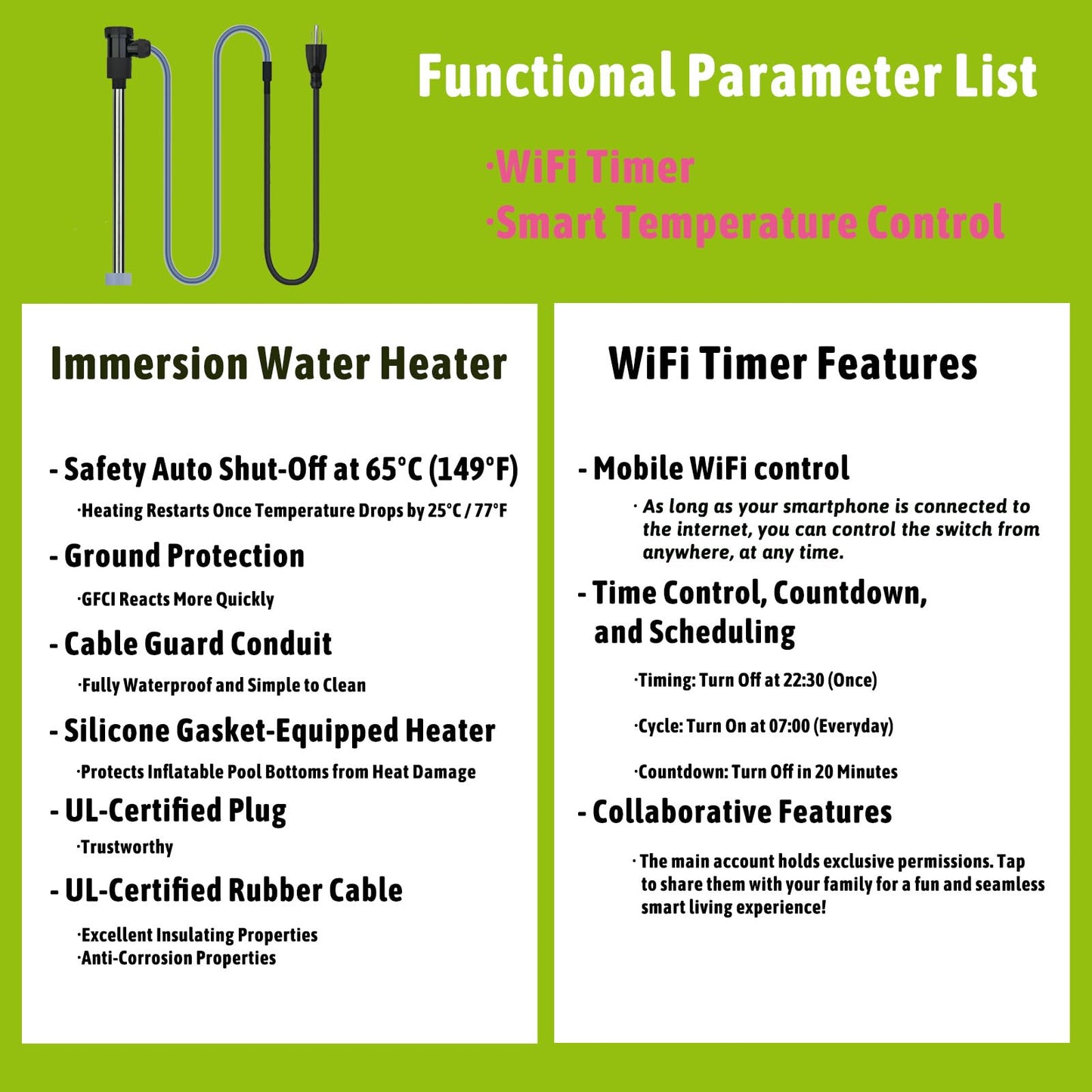 LINGLONGTEMP 2000W Submersible Immersion Water Heater for Hot Tub & Pool – Portable Electric Heater with Temp Control & WiFi Timer for Above Ground Pool, Inflatable Pool, Sap, Bathtub, & Baptism Pool