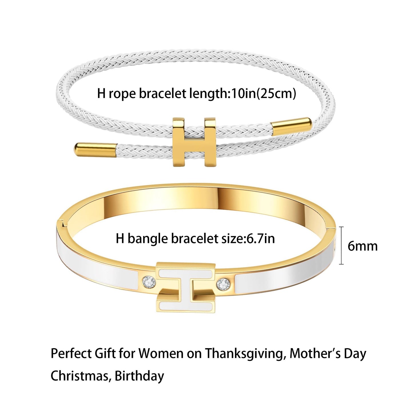 Hothink H Bracelets for Women,H Bangle and H Wire Rope Bracelet Set,Dainty 18K Gold Plated Bracelets Set for Christmas Mothers Day Gifts for Women (Gold-White)