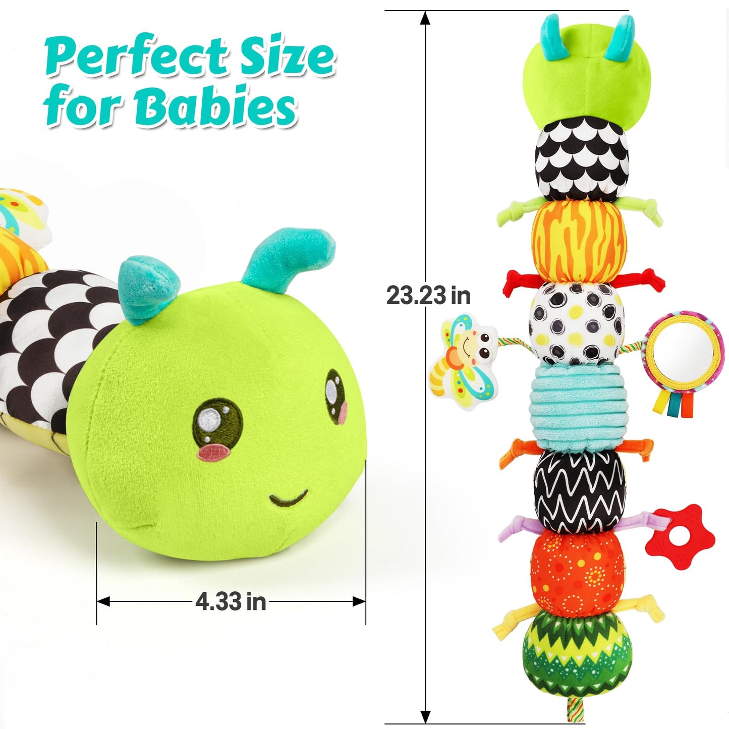 Baby Sensory Toys for 0-6 6-12 Months, Musical Stuffed Caterpillar Toy with Crinkle Rattle Mirror, Baby Essentials Infant Tummy Time Toys for 3 6 9 12 18 Months, Newborn Boys Girls Shower Gifts