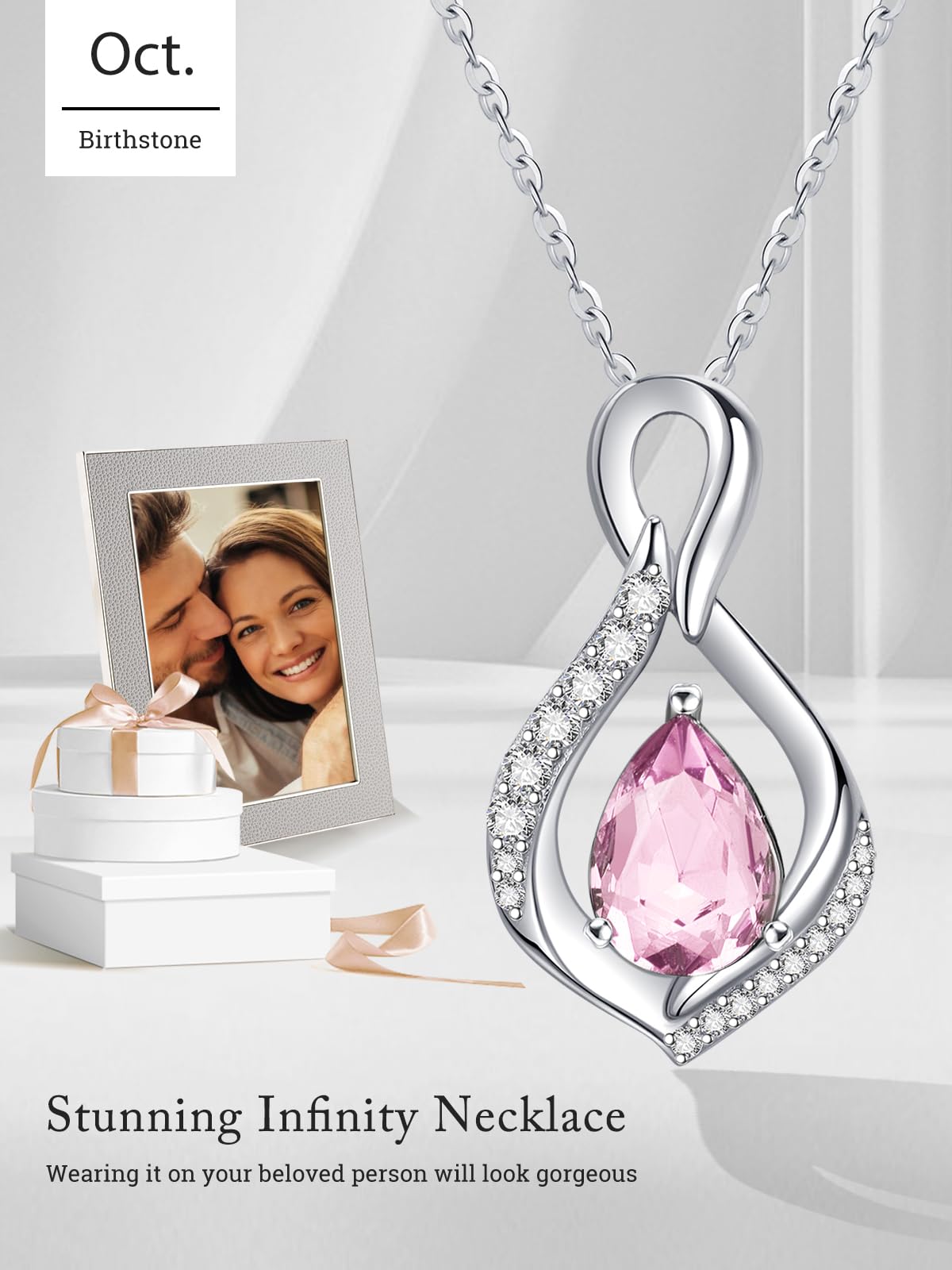 JIYVY32 Pink Tourmaline Infinity Necklace for Women October Birthstone Necklaces White Gold Plating Anniversary Birthday Gifts for Wife Her Mom Girlfriend Birthstone Jewelry Gifts for Women
