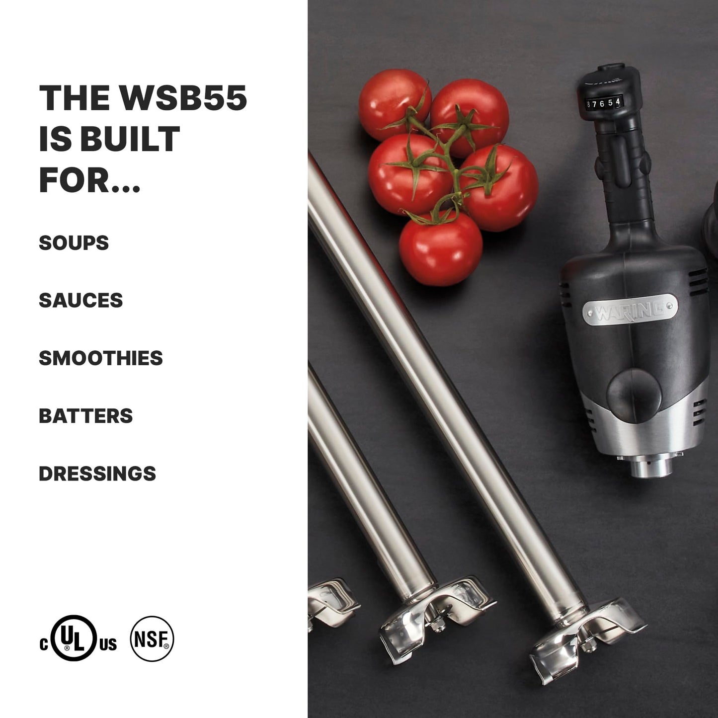 Waring Commercial Big Stix Heavy Duty Stick Immersion Hand Held Blender, 14" Removable Shaft, 1 HP, 750 Watt, Variable Speed Motor, Professional Restaurant Grade, 15 Gal Capacity, 120V, 5-15P WSB55, Black/Silver