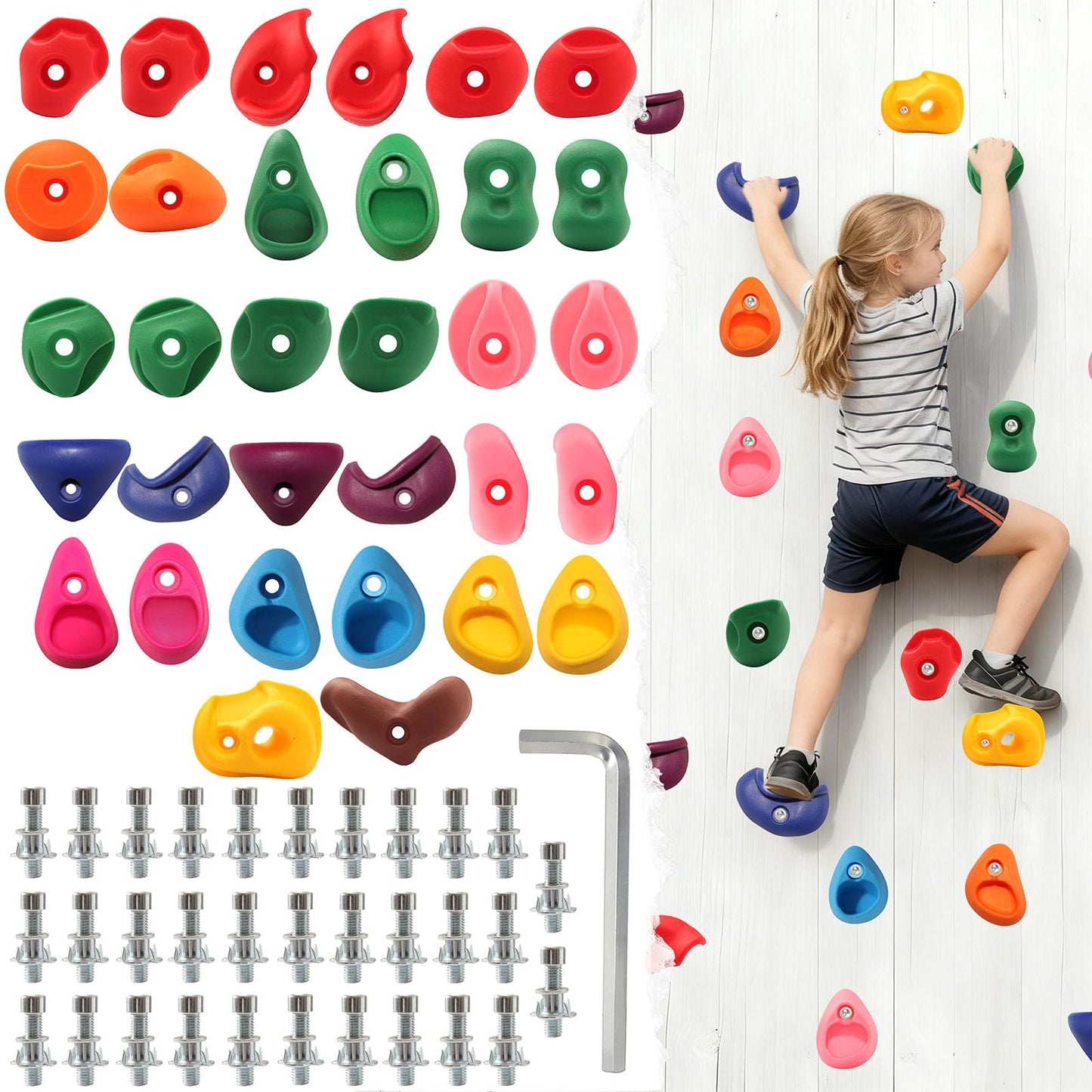 NEATATOU 32 PCS Rock Climbing Holds for Kids,Rock Climbing Wall Grips Climbing Rocks Wall Kit for Indoor and Outdoor Playground Play Set with Hardware (Style A)