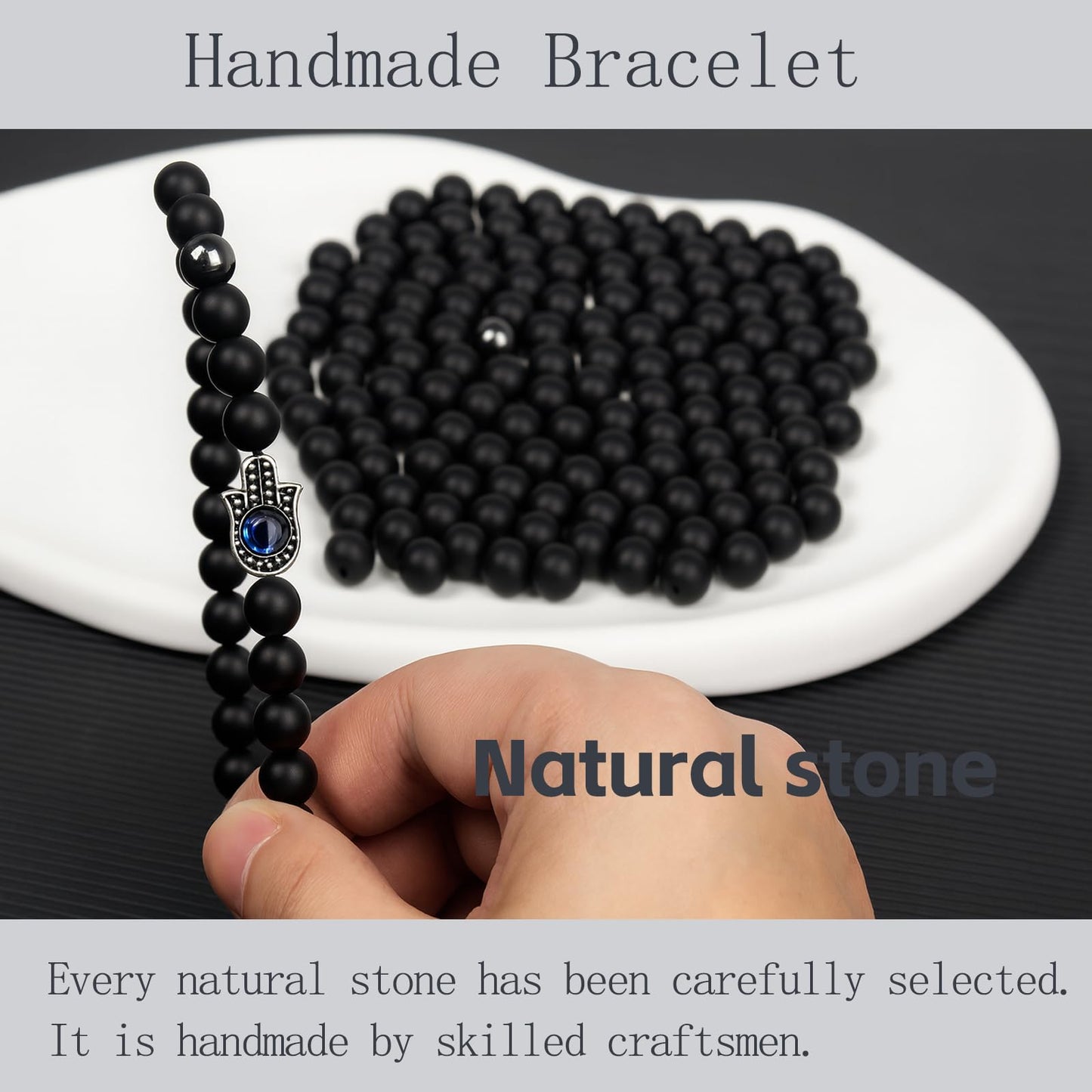 Jendfert Obsidian Energy Beaded Bracelet, Black Tourmaline Beads, Feng Shui Chakra Healing Double Guardian Bracelet, 8mm Black Onyx Beads, Personalized Gift for Men and Women(2 PSC Evil Eye)