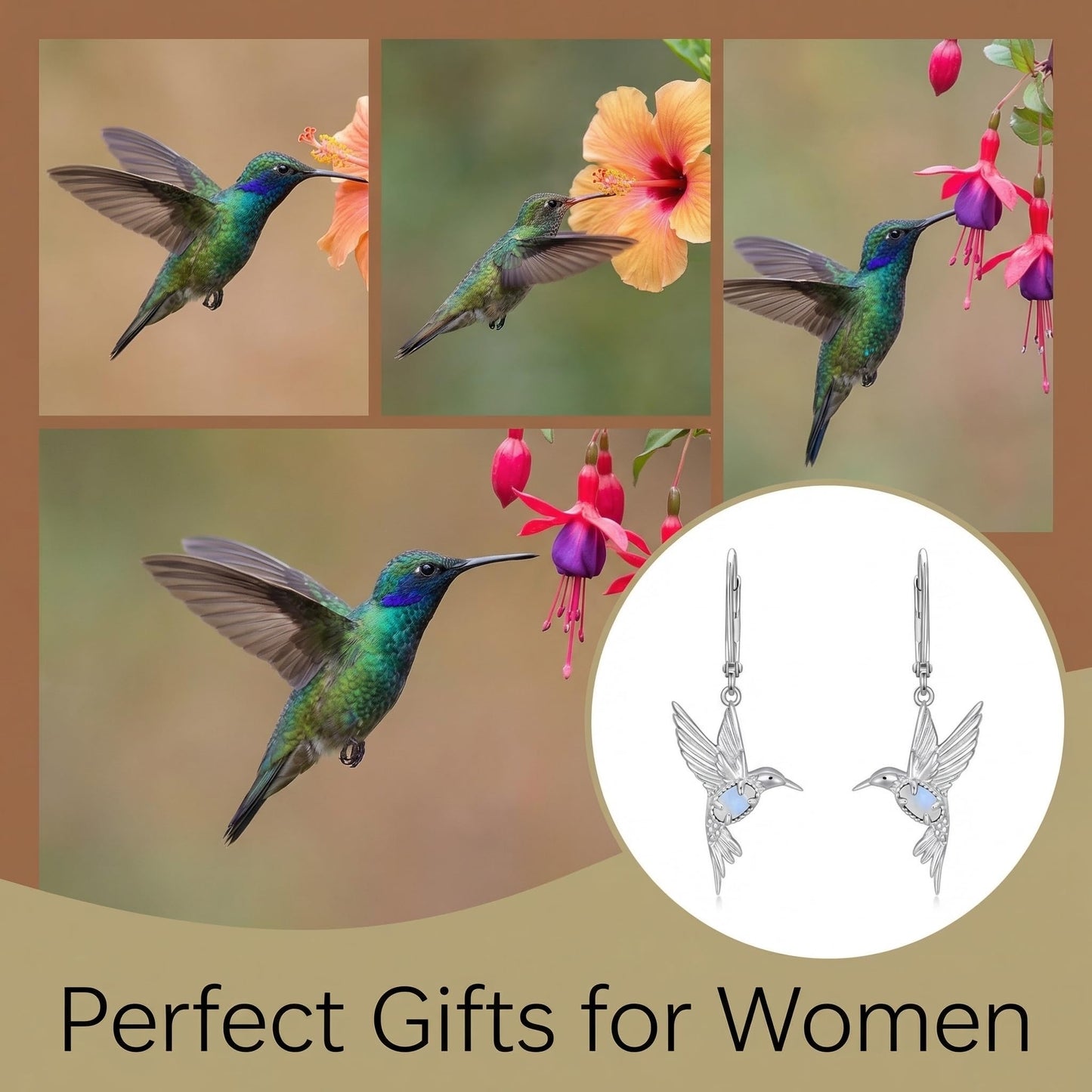 BETHZA Hummingbird Earrings 925 Sterling Silver Natural Moonstone Hummingbirds Drop Dangle Earring Animal Jewelry Gifts for Women