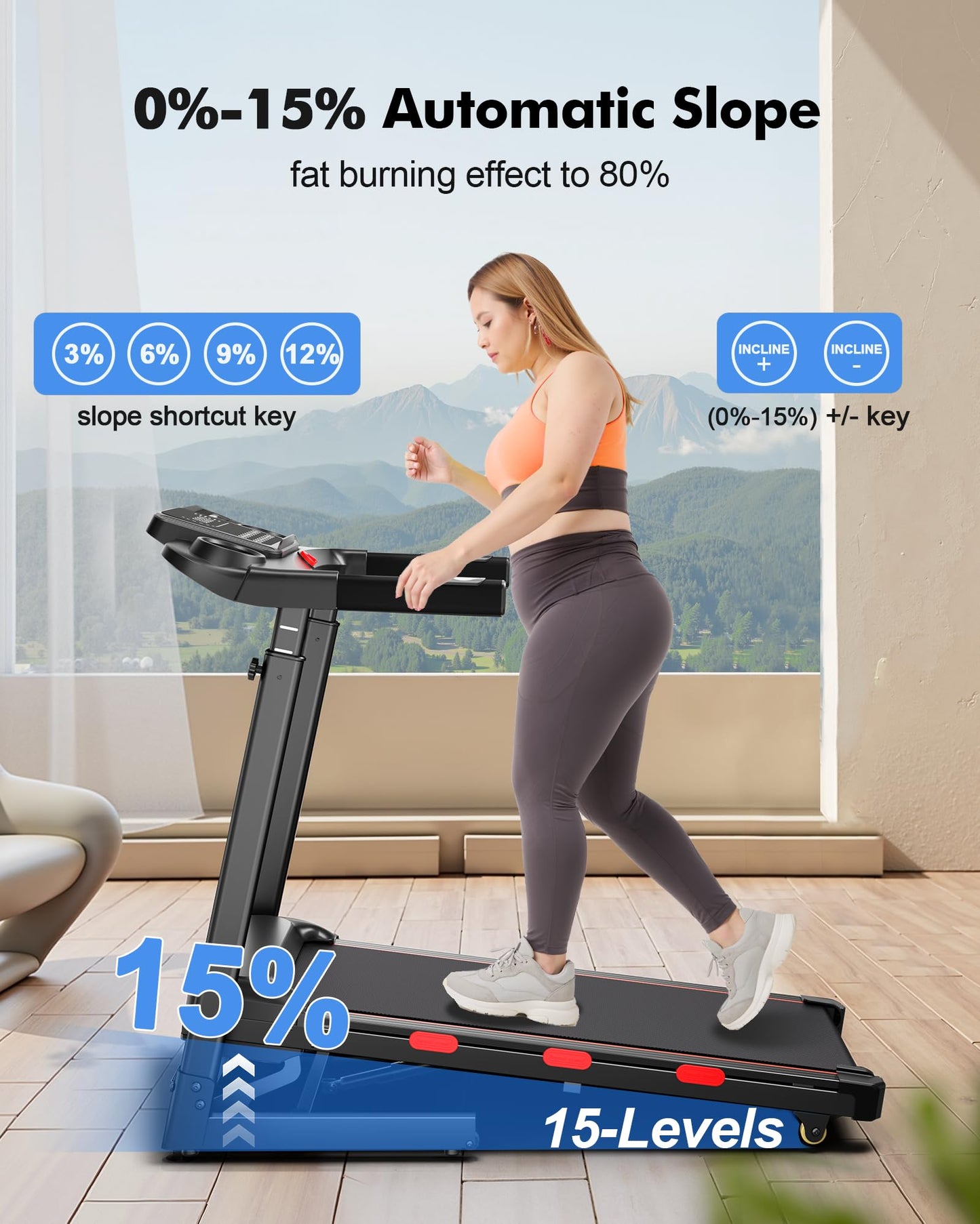 15% Auto Incline Treadmill for Home - Adjustable Height Handle, Folding Treadmills 350LBS Weight Capacity, 3.5HP Quiet Heavy Duty Treadmills with Console (15% Auto Incline)