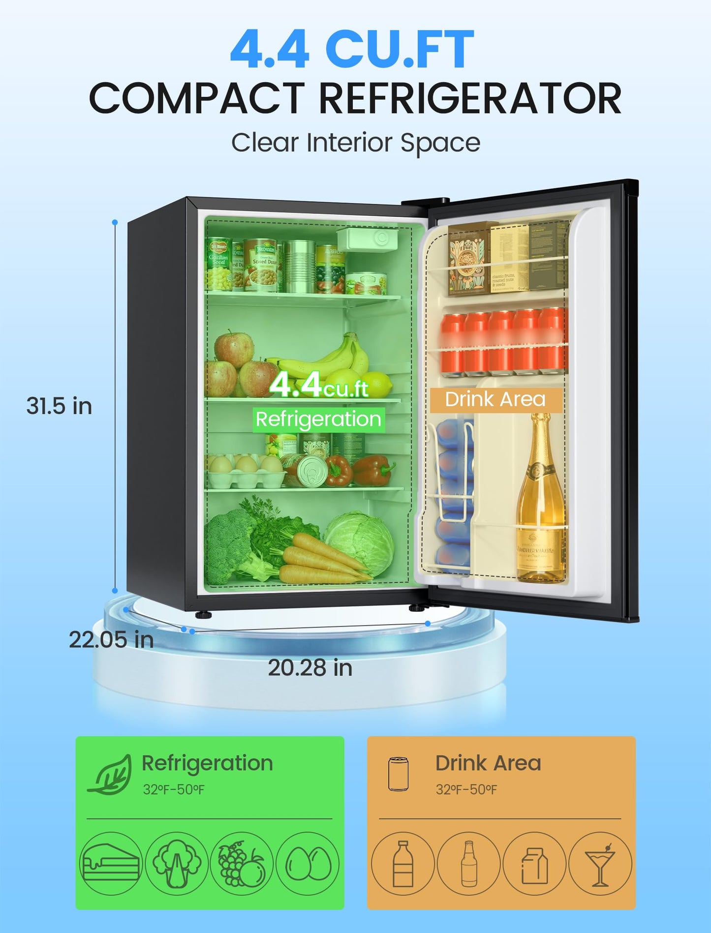 COWSAR 4.4 Cu.Ft Dorm Fridge, Single Reversible Door Compact Refrigerator with Adjustable Thermostat, Removable Glass Shelves, Energy Efficient Commercial Fridge for Bedroom Dorm Office, Black