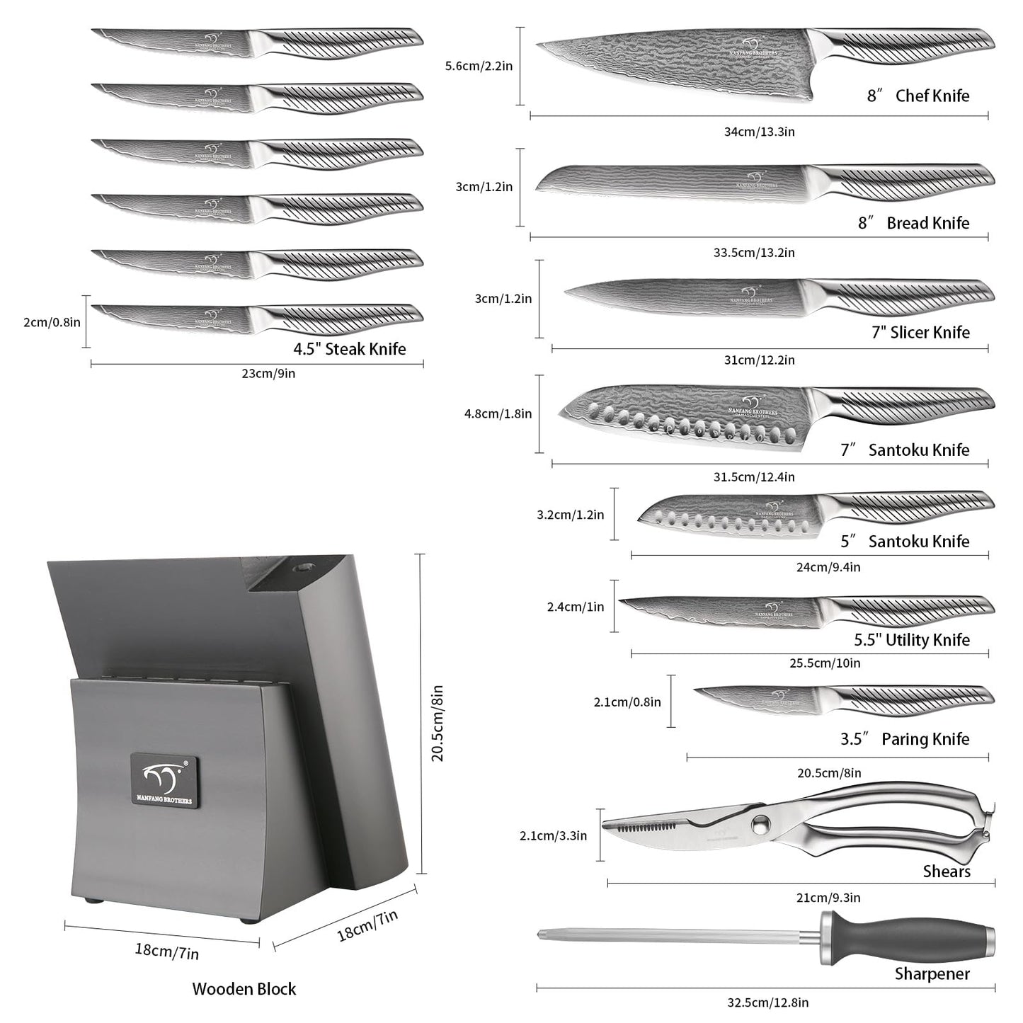 NANFANG BROTHERS® 16 Pieces Damascus Kitchen Knife Set, High Carbon Damascus Steel Chef Knife Set, Stainless Steel Ergonomic Handle for Chef, with Built-in Sharpening Rod