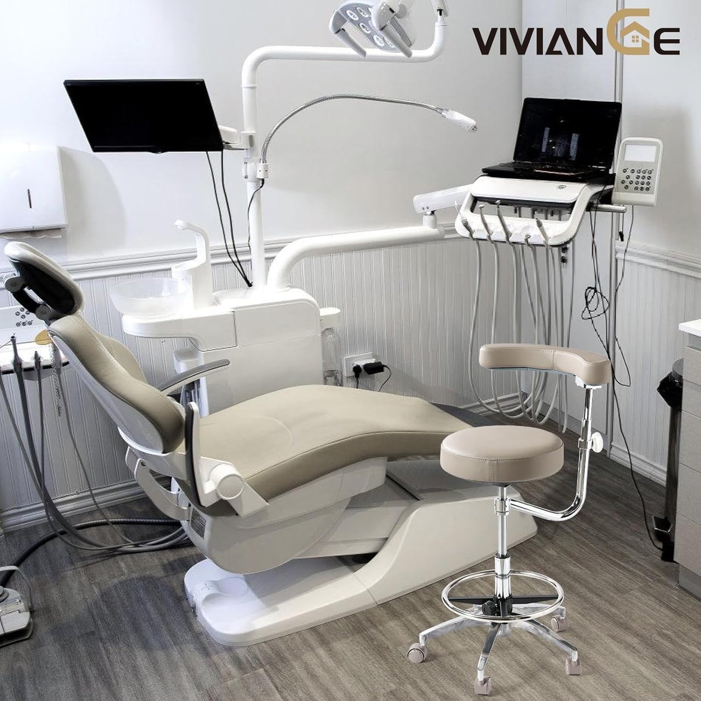 Viviange Ergonomic Dental Stool with Adjustable Height & Rolling Base - Comfortable Dentist Chair for Hygienists, Assistants, & Medical Professionals - Grey