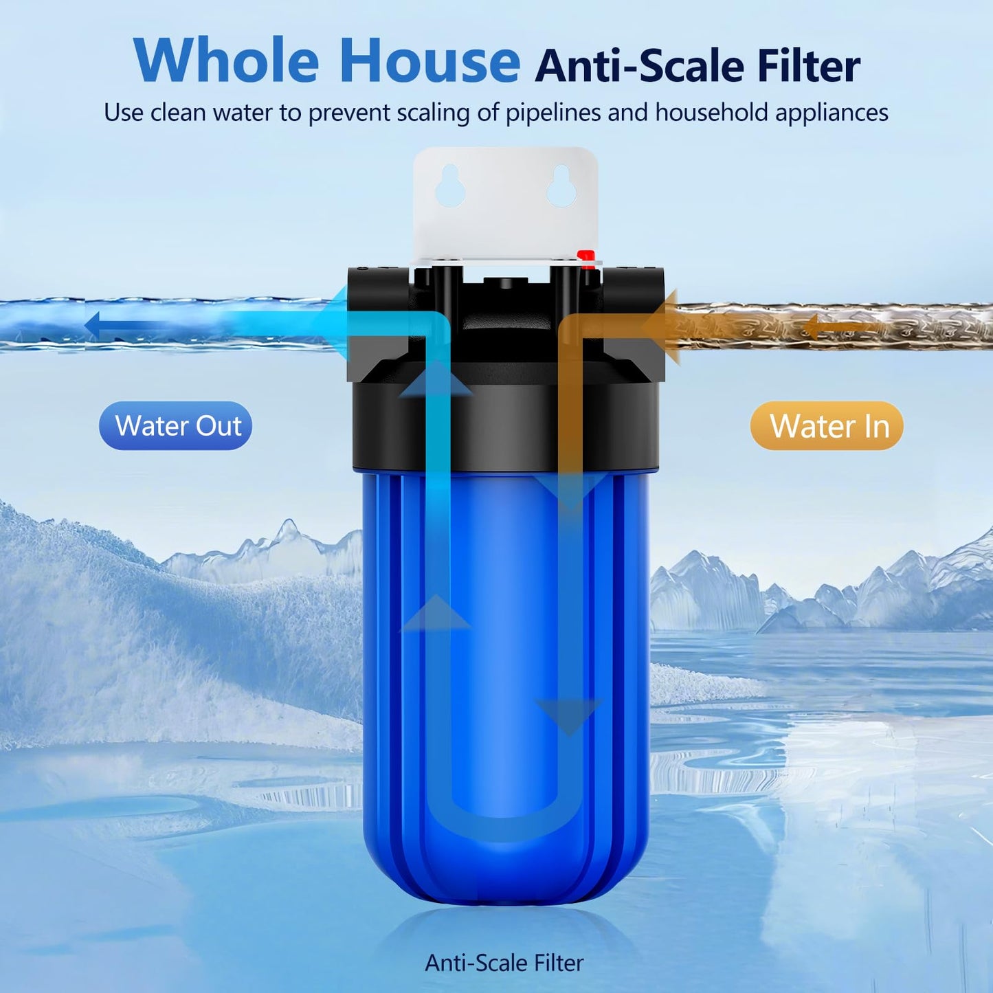 Anti Scale Whole House Water Filter System, Pipeline Prevent Scale Whole House Water 10" x 4.5" Filter, with 80,000 Gallons Capacit, 1" Inlet/Outlet, Reduces Scale Water Filters