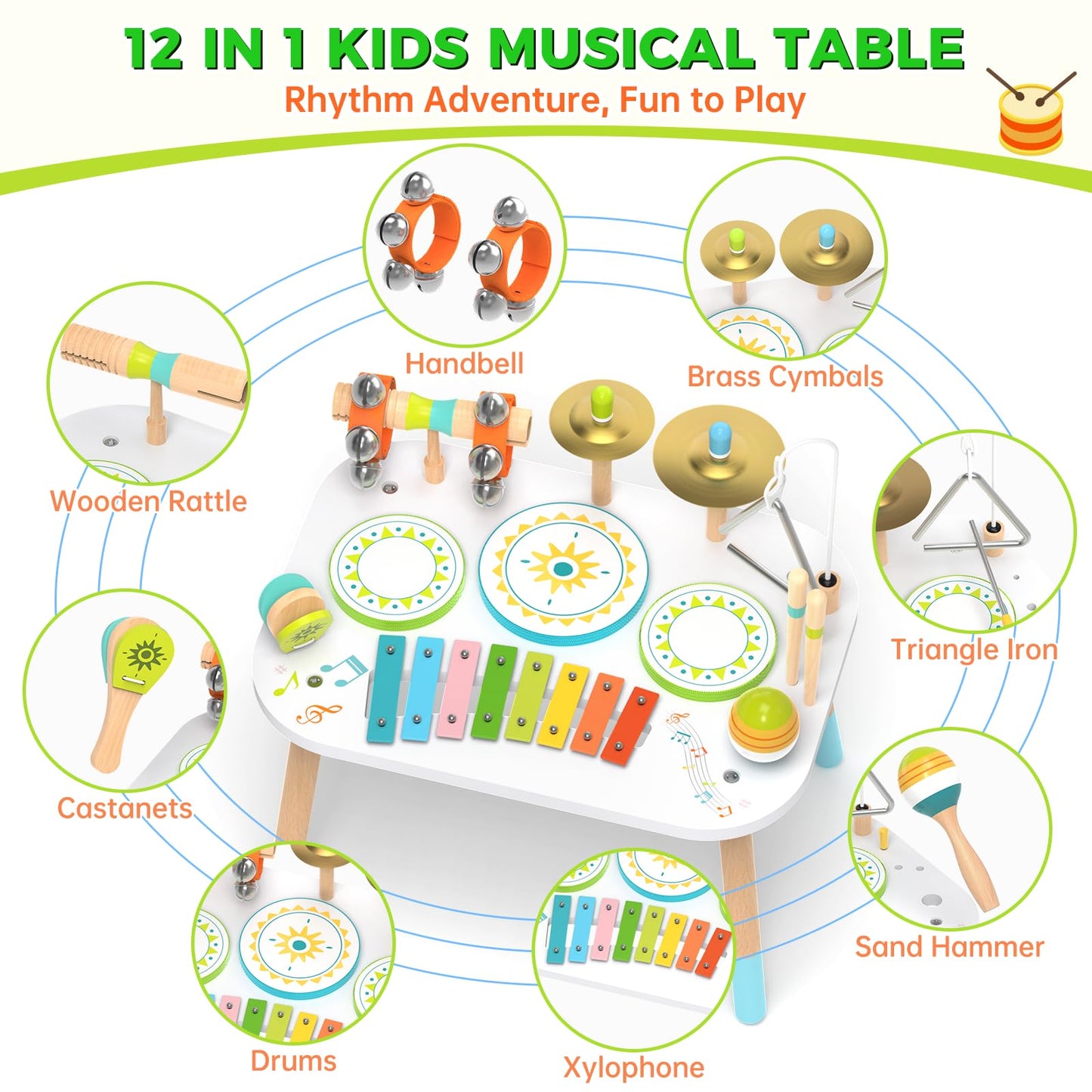 12-in-1 Drum Set for Toddlers 1-3,Baby Musical Instruments Table ,Wooden Montessori Toys with Xylophone,Bongo Drums,Cymbals,Maracas & Wrist Bells,Birthday Gift for 1 2 3 Year Old Boy Girls