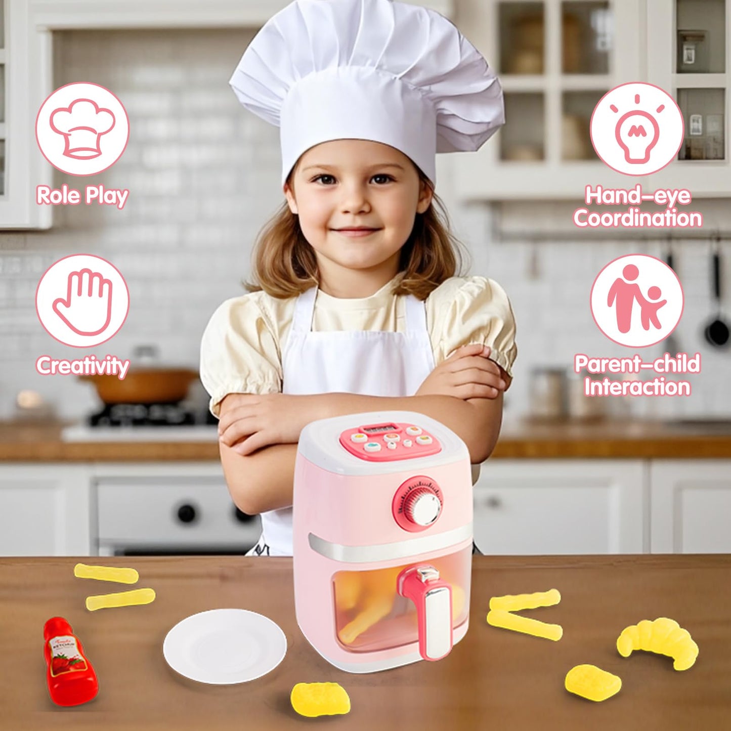 Play Kitchen Accessories, Pretend Kitchen Appliances Set with Toy Air Fryer for Kids with Sound and Lighting, Color-Changing Play Food, Birthday Gift for Boys and Girls Ages 3-5 4-8,Pink