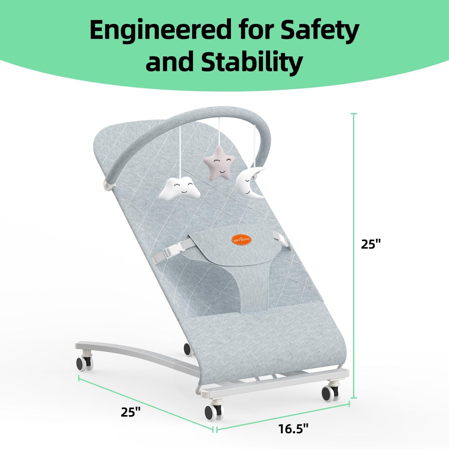 Gryvoth Portable Baby Bouncer Seat 0-18 Months,Detachable Piano & Hanging Toys,3-Level Recline (Rock/Fix),Foldable with Quiet Wheels,Baby Shower