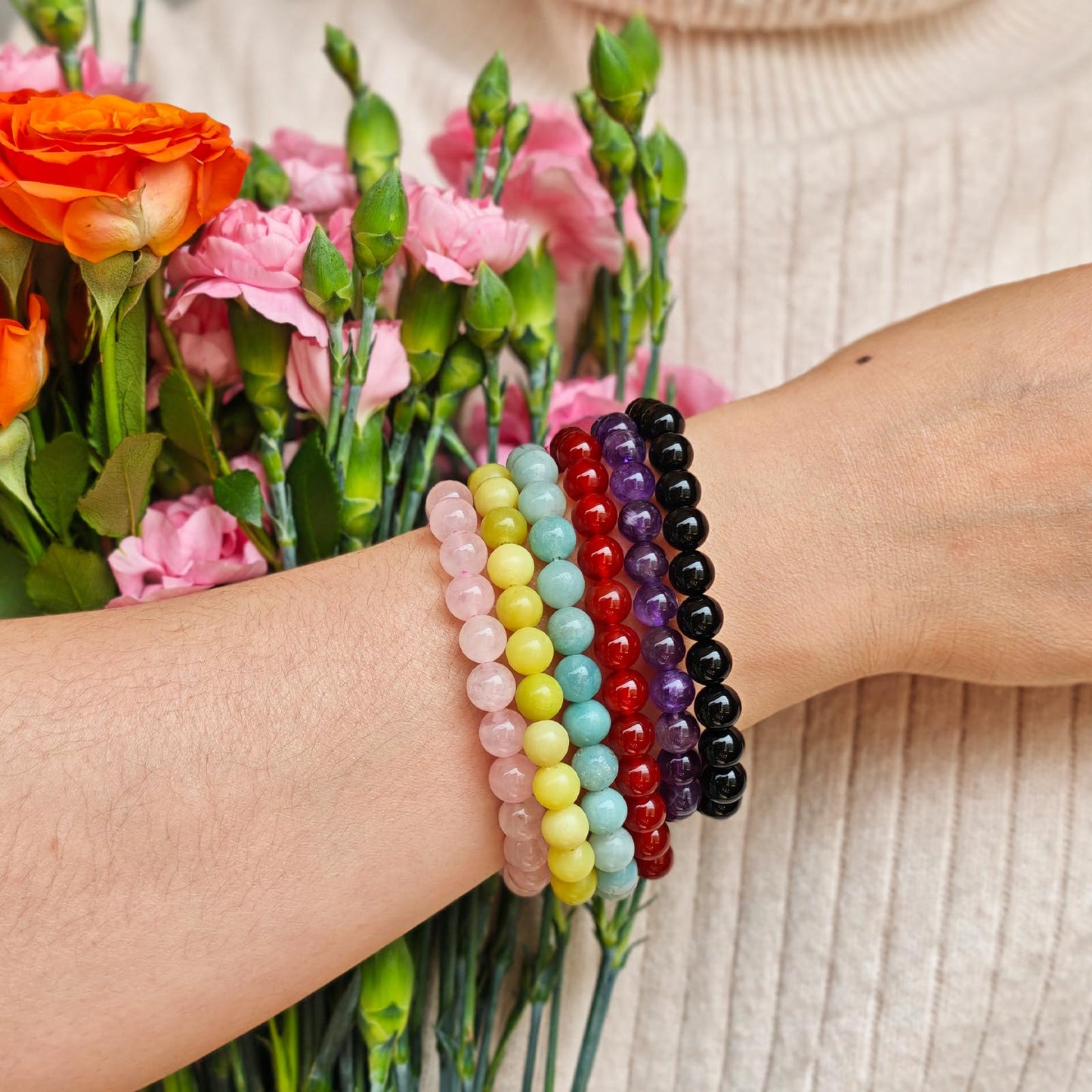 Handmade Natural Gemstone Elastic Bracelet - Healing Crystal Beads Jewelry, Unisex (Black Onyx, 8mm)