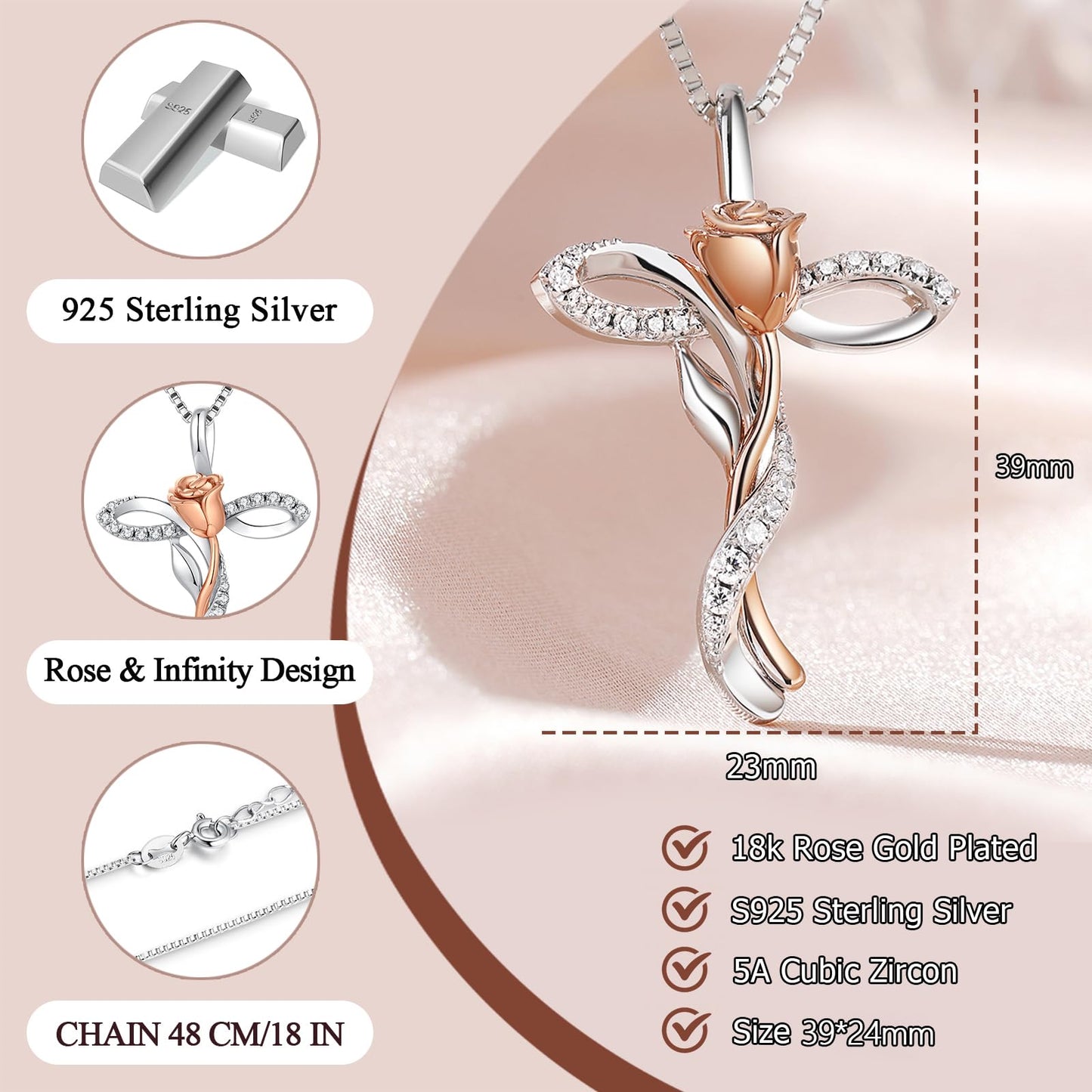 jiamiaoi Cross Necklace for Women Cross Necklace Infinity Rose Necklaces Sterling Silver Flower Necklaces Faith Gifts Religious Jewelry for Women