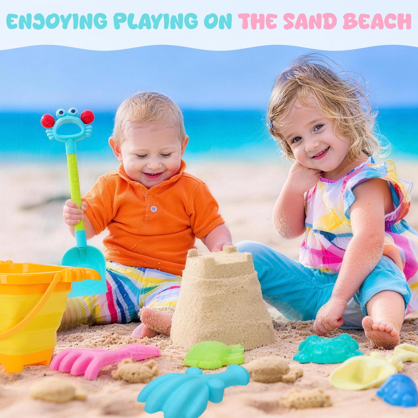 Guiqulai Summer Beach Toys Set for Kids Collapsible Sand Bucket Shovels Crab Molds Mesh Bag Outdoor Sandbox Water Play Toys for Boys Girls Travel Essential