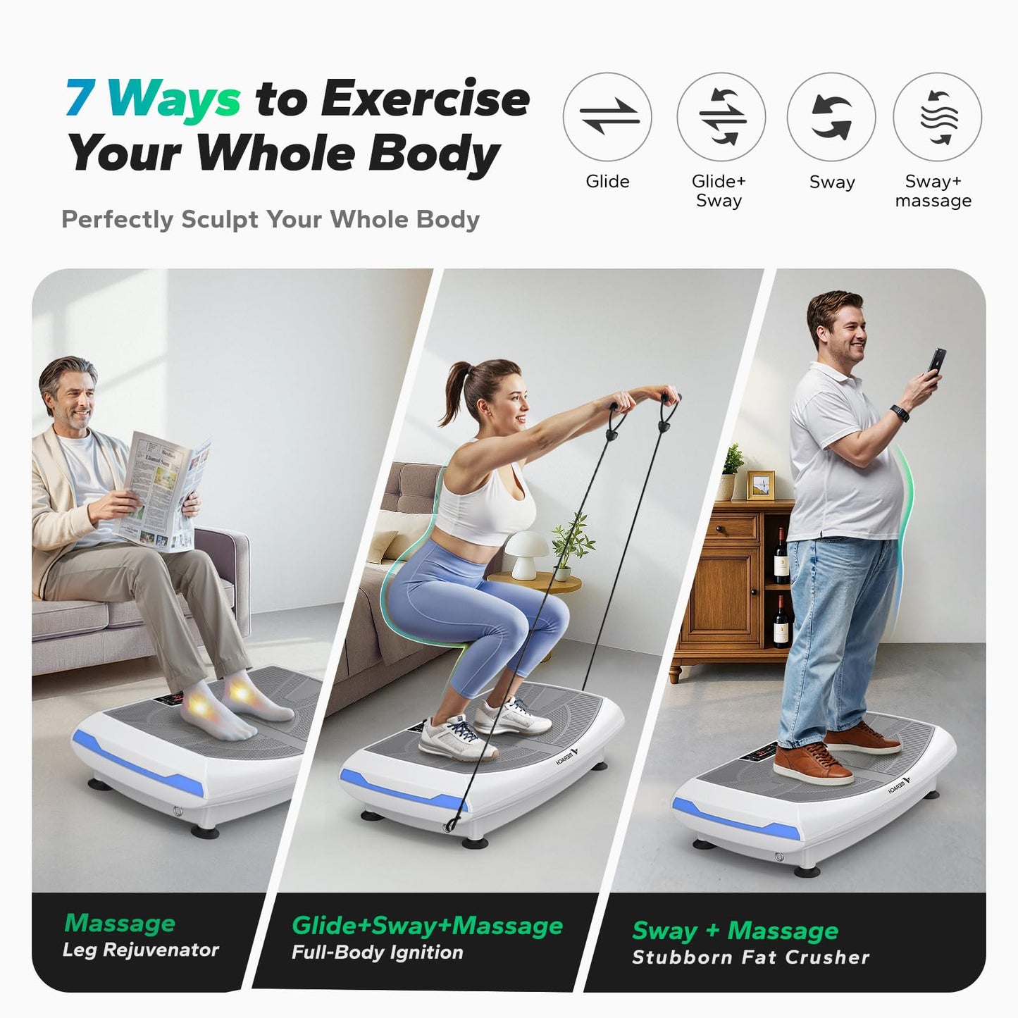 MERACH 4D Vibration Plate Exercise Machine, 7-in-1 Vibration Plate with Glide, Swing & Massage, Vibrating Plates with Whole Body Workout Sculpting Platform for Home Fitness for Women Men (White)