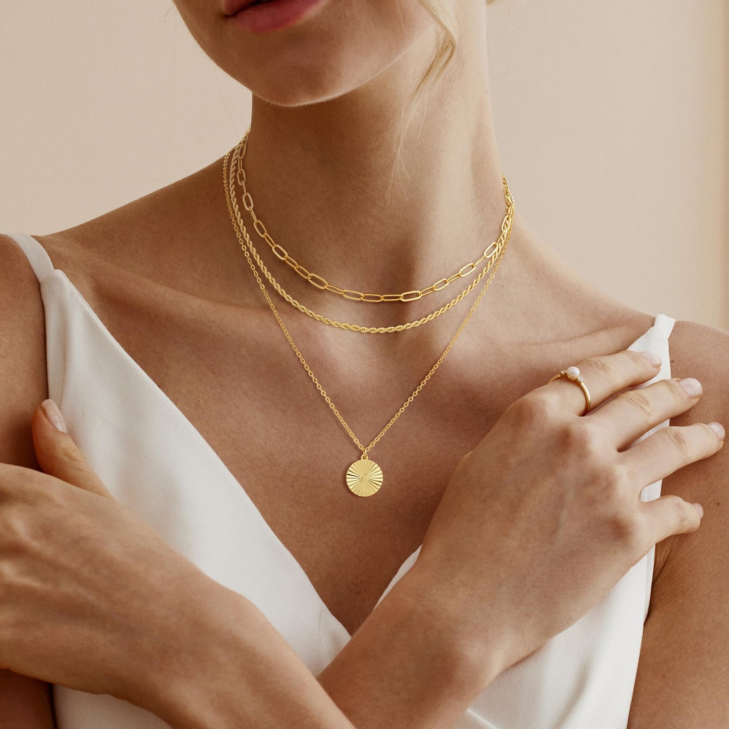 MFRYK Gold Necklaces for Women,14K Gold/Silver Plated Choker Layered Necklace Dainty Pearl Disc Cross Circle Heart Pendant Chain Stackable Necklaces, Multilayer Jewelry Set Gifts for Women