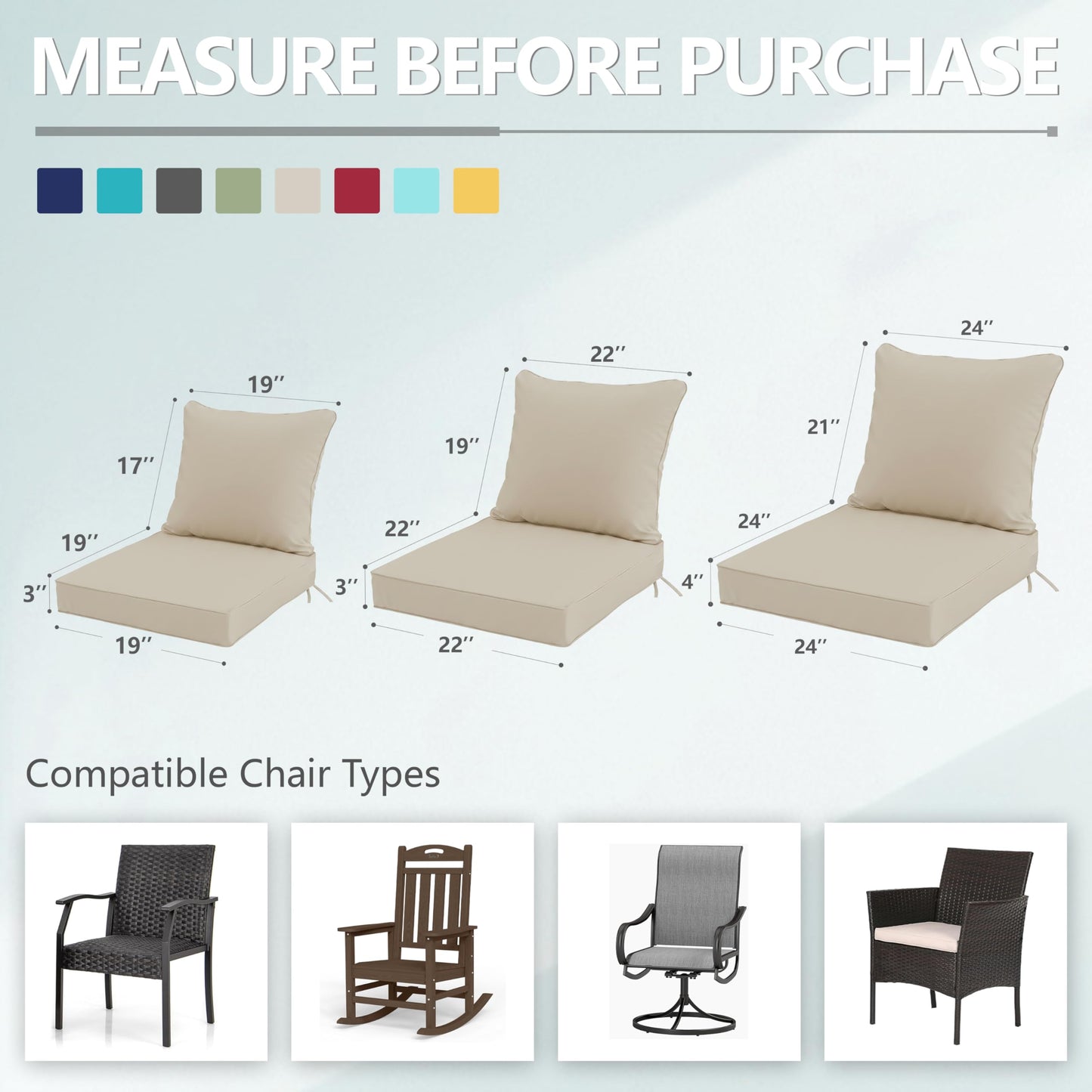 24x24 Inch Outdoor Chair Cushions Set of 2, Patio Furniture Cushions - Removable Cover, Water-Repellent, Fade-Resistant, Non-Slip Bottom & Straps, Replacement for Deep Seat Sofa & Couch - Cream