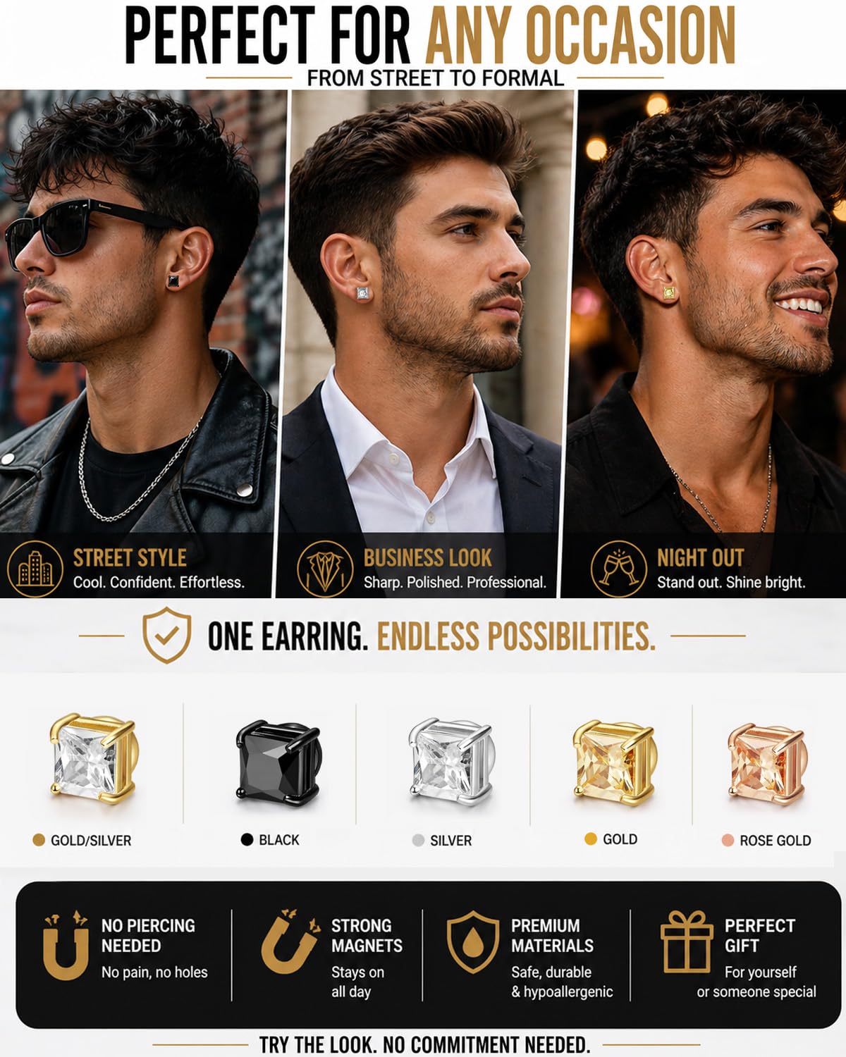 BEFOSHINN Magnetic Stud Earrings for Men and Women, No Piercing Needed, 5 Pairs 316L Stainless Steel CZ Clip On Ear Studs, 8mm Fake Earrings for Non Pierced Ears, Silver Black Gold Rose Gold (5PCS-8MM)