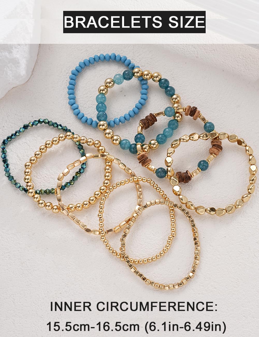 iF YOU 12 Pcs Boho Beaded Bracelets for Women, Brown Orange Bohemian Stackable Gold Bead Stretch Bracelets Stack Jewelry Gift (Blue beaded bracelets)
