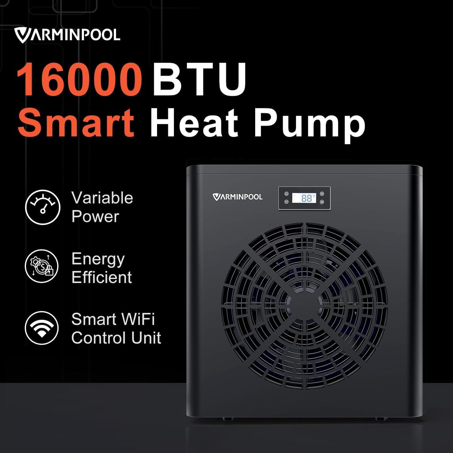 VARMINPOOL 16000BTU Above Ground Pool Heat Pump, Pool Heater for 5400 Gallons, WiFi Smart Control, Titanium Heat Exchanger, 110V Efficient Heating