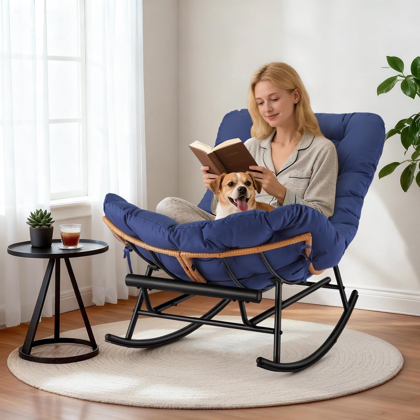 GAOMON Papasan Rocking Chair with Foot Rest, Papasan Chair with Thick Removable Cushion and Metal Frame, Lounge Chairs and PE Rattan Rocker for Patio, Garden, Lawn, Living Room and Relaxation Space