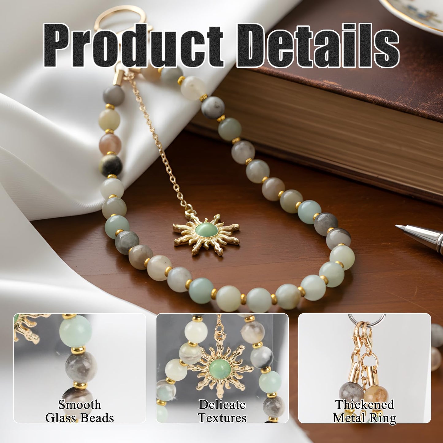 LuneClat Natural Stone Phone Wrist Strap for Women - Golden Sun Beaded Healing Phones Charm for Camera Keychain Decor, Handmade Cellphone Chain Lanyard with Tether Tab
