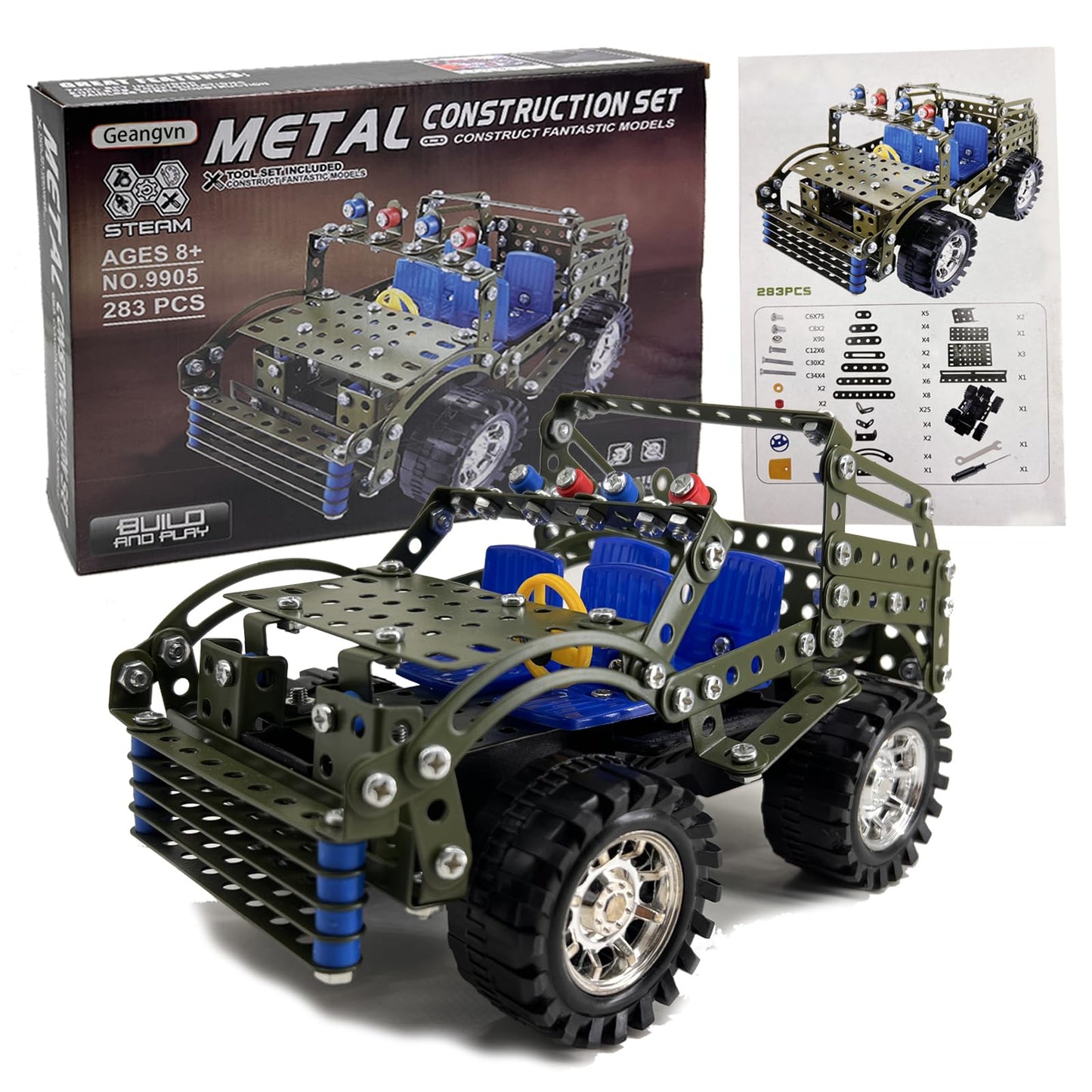 Metal Model Car Kits - 283 Pcs Erector Sets for Boys Age 8-12, Building Toys, STEM Kits for Kids Age 8-10, Assembly Jeep Project Army Toys for Ages 14 and Up, Gifts for 15 16 Year Old Boys and Adults