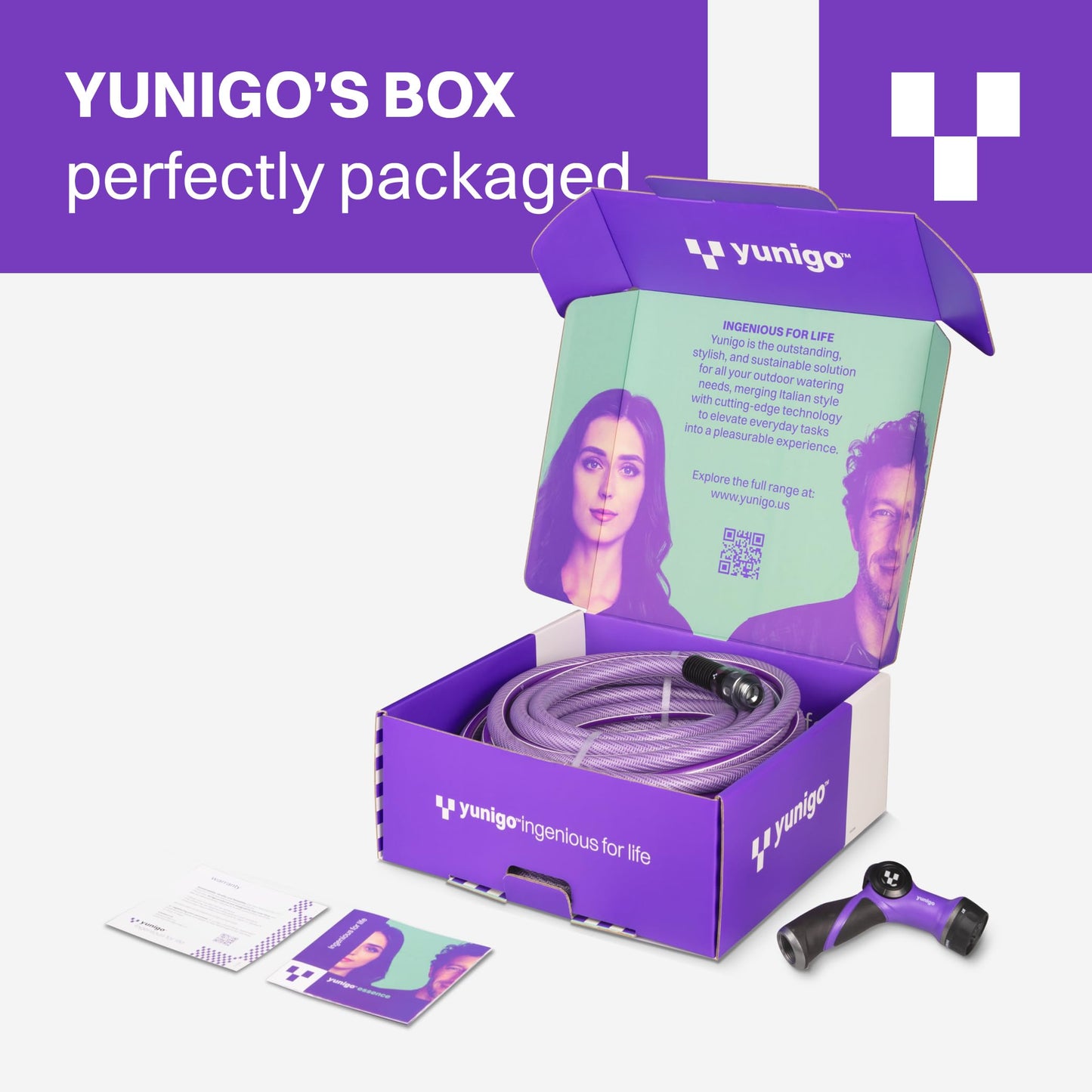 YUNIGO ESSENCE 5/8" 75ft Hybrid Purple Garden Hose – No-Kink Abrasion-Resistant with Durable Aluminum Fittings & Spray Nozzle, Ideal for Intensive Home & Garden Watering