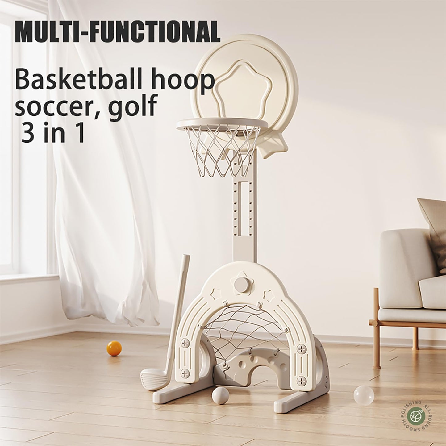 Toddler Basketball Hoop Set with 3 Balls, Adjustable Basketball Hoop Set Indoor Outdoor for Kids, Toddler Sports Activity Center, Portable Basketball Soccer Golf Game Set, Birthday Gift Grey