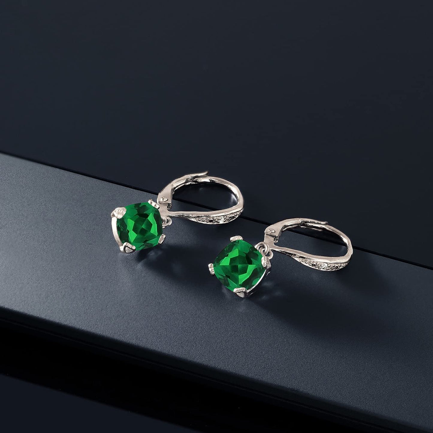 Gem Stone King Drop Dangle Earrings For Women | 7MM Cushion Cut Gemstone Birthstone and Diamond | 925 Sterling Silver | Jewelry Gift for Mom Wife Her | Nano Emerald-May | 925 Sterling Silver