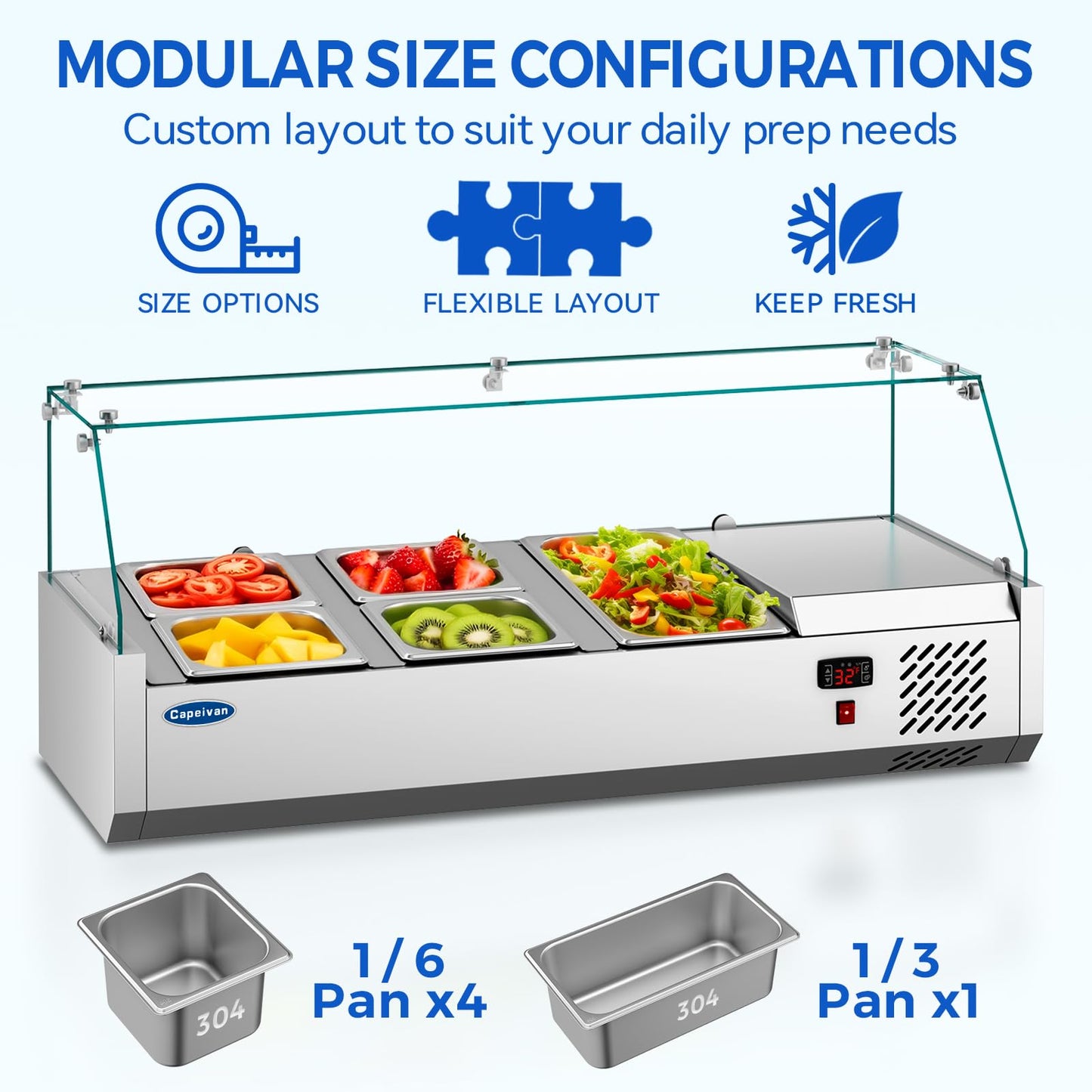 Capeivan Commercial Salad Bar Refrigerator with 3×1/3 GN Pans - 170W Countertop Refrigerated Display Case for Sandwich Prep, Cold Buffet & Portable Food Storage (0-12℃/32-53.6℉, Stainless Steel)
