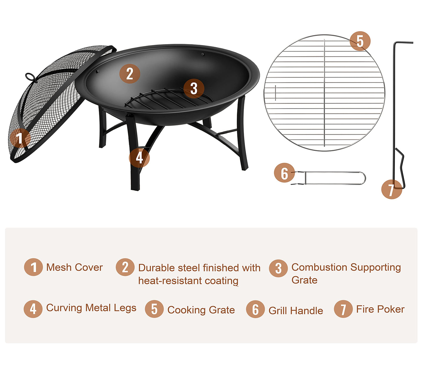Fire Beauty Fire Pit for Outside Wood Burning,BBQ Grill Steel Fire Bowl with Cooking Grate,Spark Screen Cover,Log Grate,Poker for Camping Beach Bonfire Picnic Backyard Garden