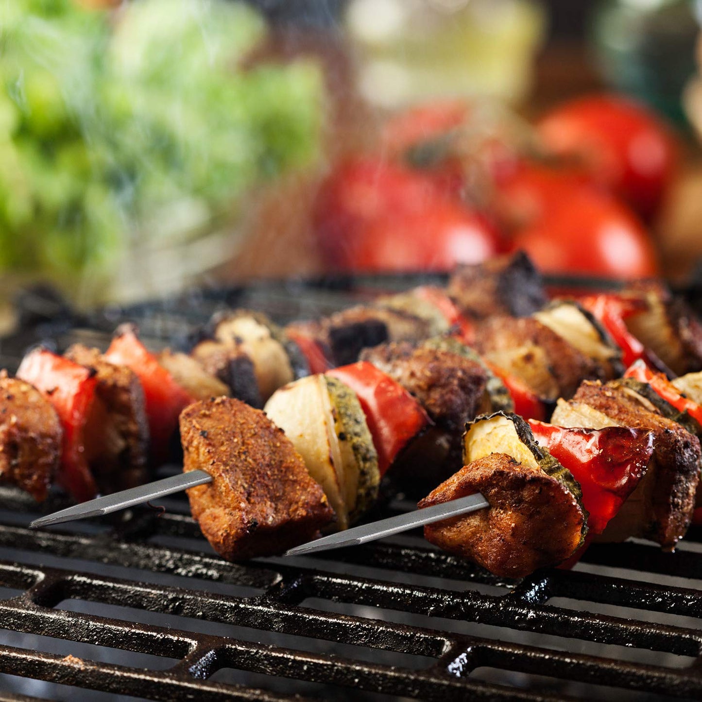 Blue Brazilian Skewers - 17 Inch Stainless Steel Kabob Skewers with Wooden Handle, 12 Pack BBQ Grilling Accessories