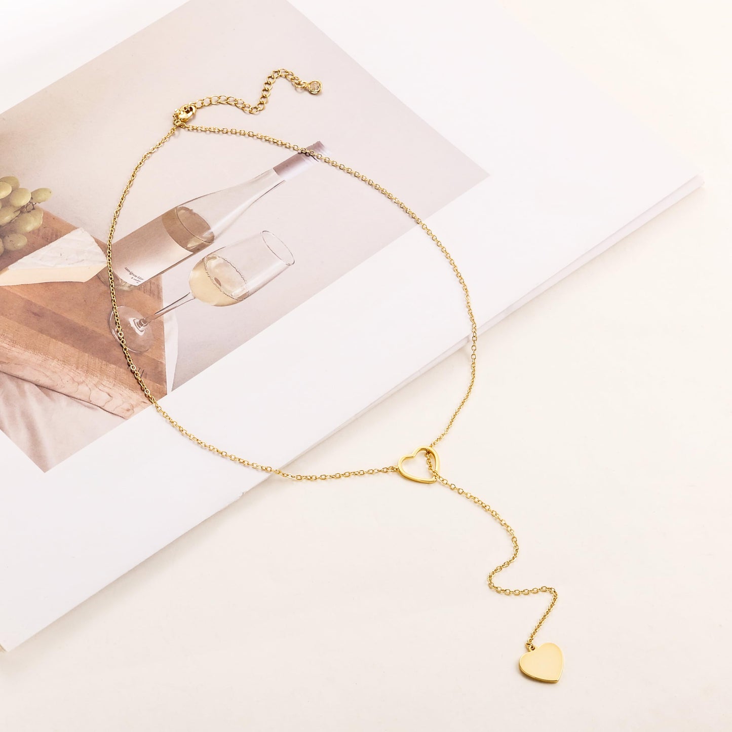 Tewiky Heart Lariat Necklace, 14k Gold Plated, Women's Fashion Jewelry, Gold Heart Pendant, 16 Inch Chain, Perfect for Parties, Weddings, Graduations