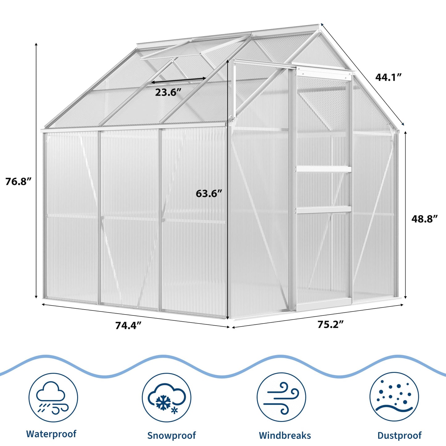 GarveeHome 6 x 6 FT Polycarbonate Greenhouse, Winter Greenhouses for Outdoors with Aluminum Frame, Sliding Door, Adjustable Roof Vent, Backyard Green Houses, Patio Garden, Silver