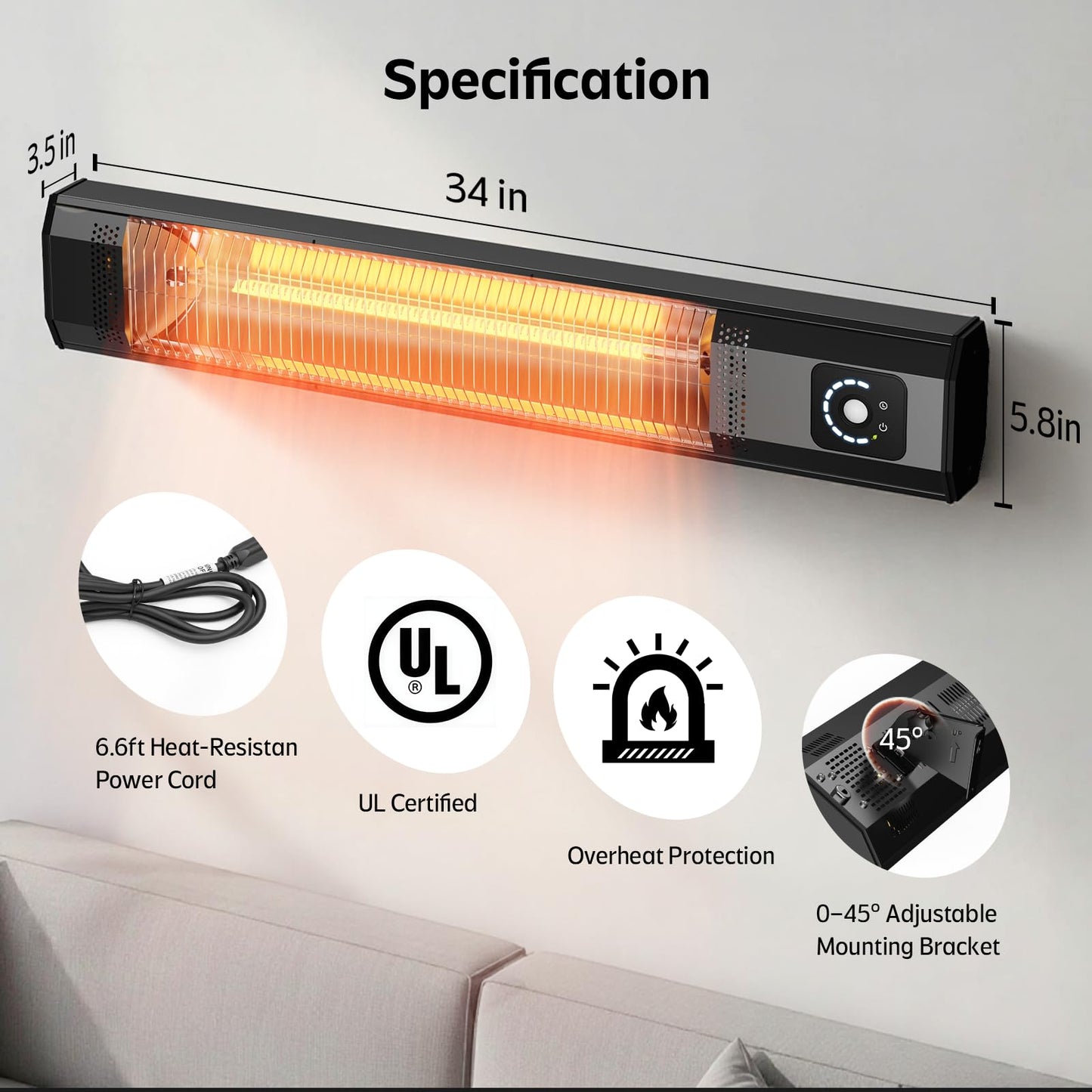Wall-Mounted Electric Patio Heater, 34" 1500W Infrared Heater With Motion Sensor, IPX5 Waterproof, 9 Heat Level & 9H Timer, Indoor & Outdoor Heaters for Patio, Backyard, Garage, and Decks