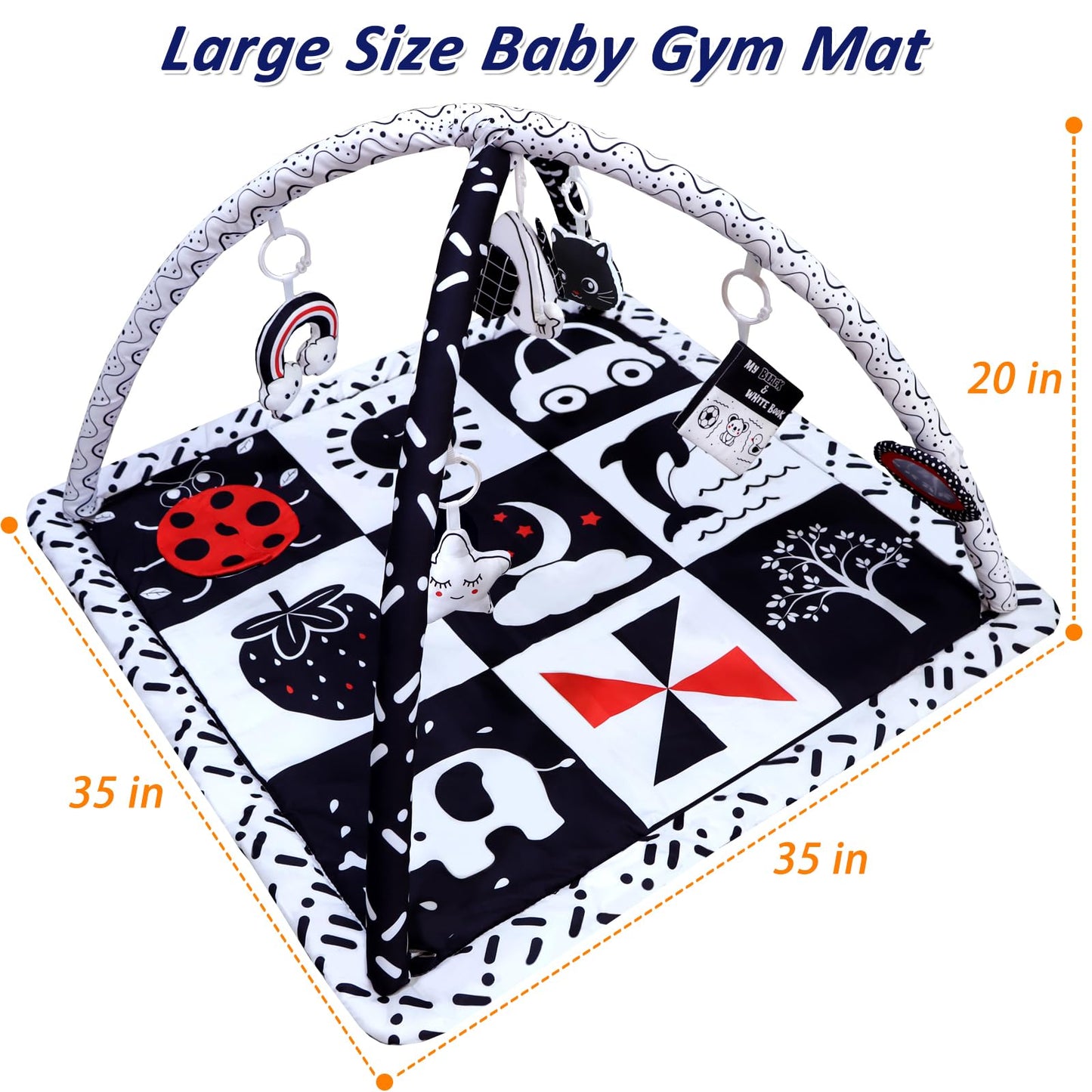 Poycuna Black and White Baby Gym Play Mat with 6 Toys Tummy Time Activity Mat for Babies 0-6 6-12 Months High Contrast Baby Gyms & Playmats Sensory Toys Newborn Brain Development Infant Play Mat