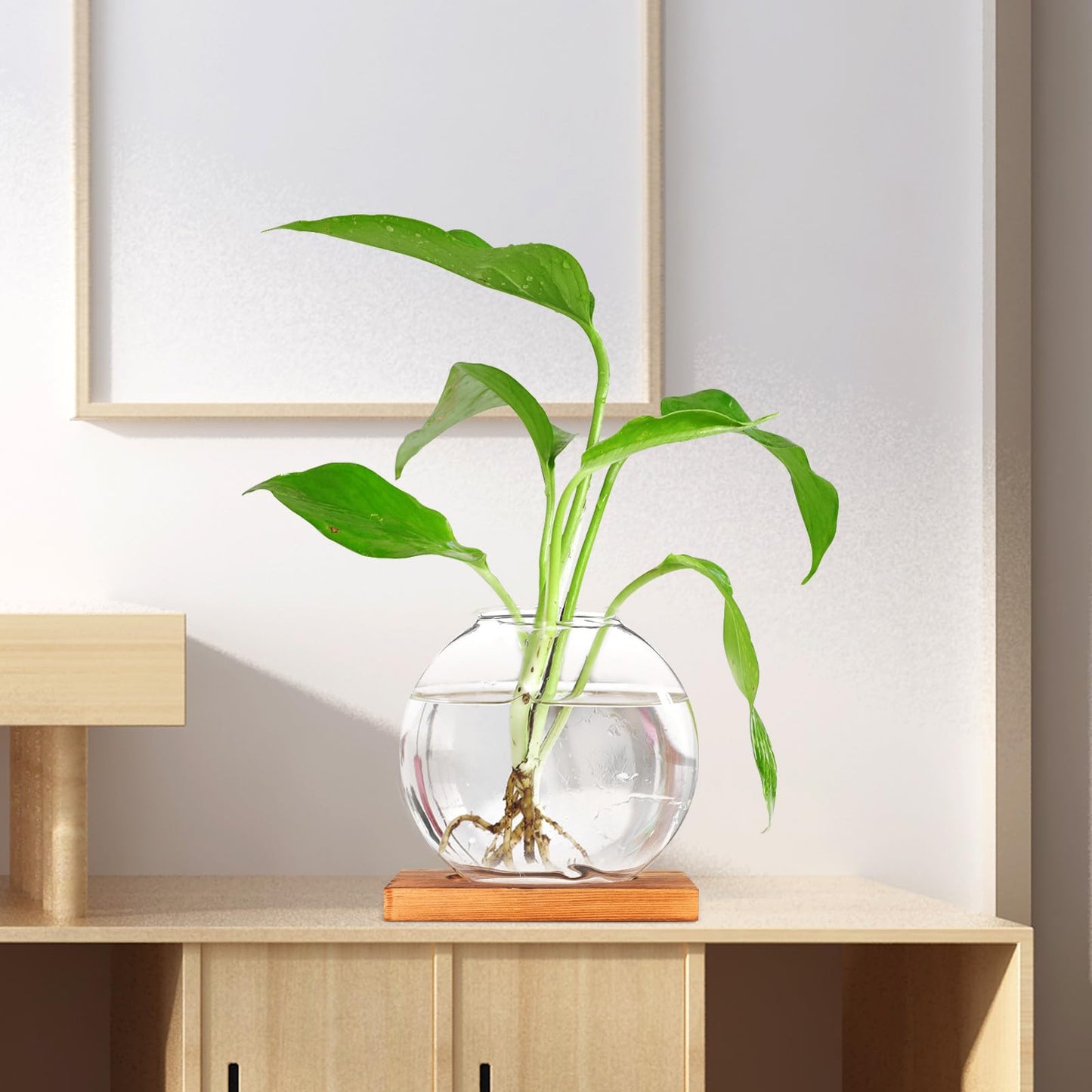 BESPORTBLE Hydroponic Glass Plant Vase with Wood Base, Glass Propagation Station for Desk Decorations, Indoor Home and Office Terrarium Planter for Greenery Display