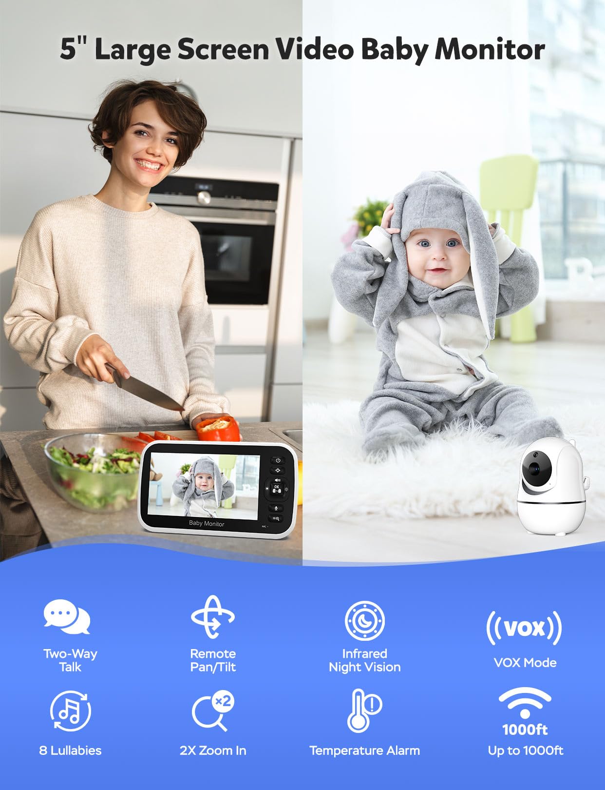 GoodBaby Baby Monitor with Camera and Audio - No WiFi, Remote Pan-Tilt-Zoom, Night Vision, Temperature Sensor, 2-Way Talk, 8 Lullabies, 30-Hour Battery Life,960ft Long Range