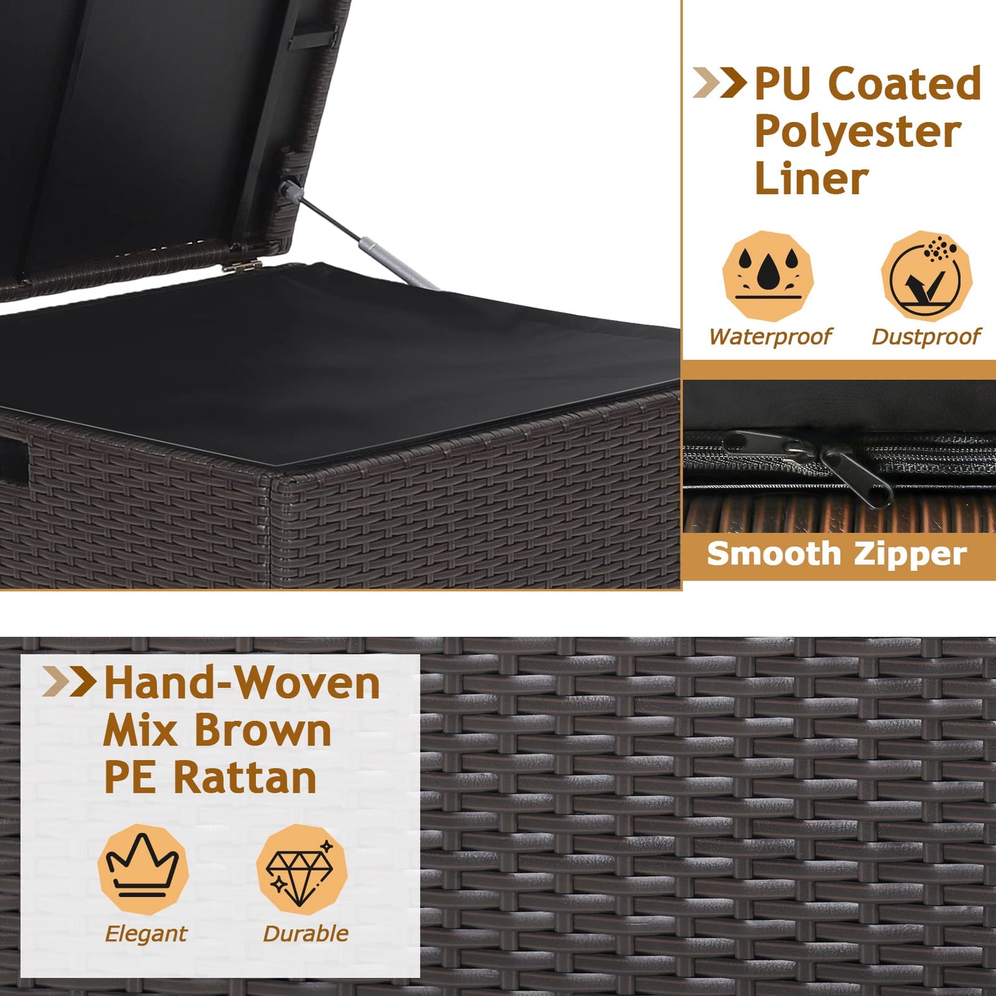 Tangkula 72 Gallon Square Deck Box, Patio Mix Brown Rattan Storage Container w/Zippered Liner & Solid Pneumatic Rod, Sturdy L-Shaped Aluminum Feet, Outdoor Wicker Deck Box for Front Porch, Backyard