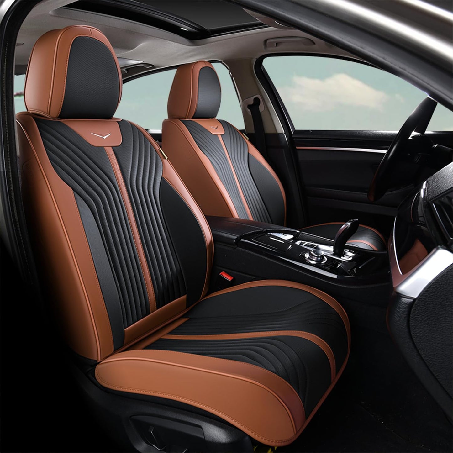 FLORICH Car Seat Cover 5PCs, Seat Cover Full Set, Waterproof Seat Protectors, Brown Leather Seat Covers for Cars, Universal Automotive Vehicle Cushion fit for Most Cars (Brown&Black)