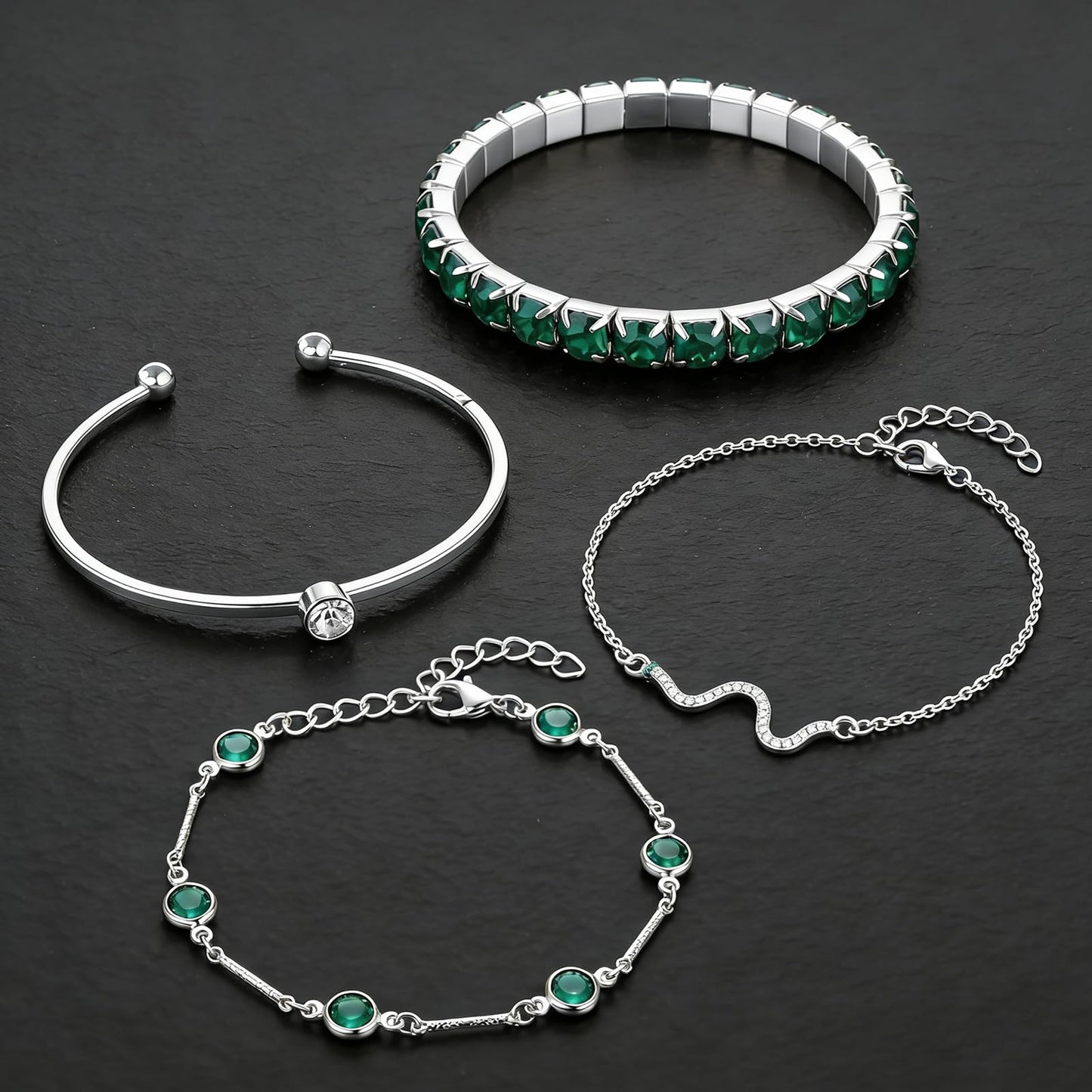 VEINARDYL Silver Birthstone Bracelets for Women, Green Birthstone Layered Jewelry Cuff Silver Plated Bangles, Open Adjustable Bracelets Fashion Accessories Jewelry Set for Mothers Day Gifts