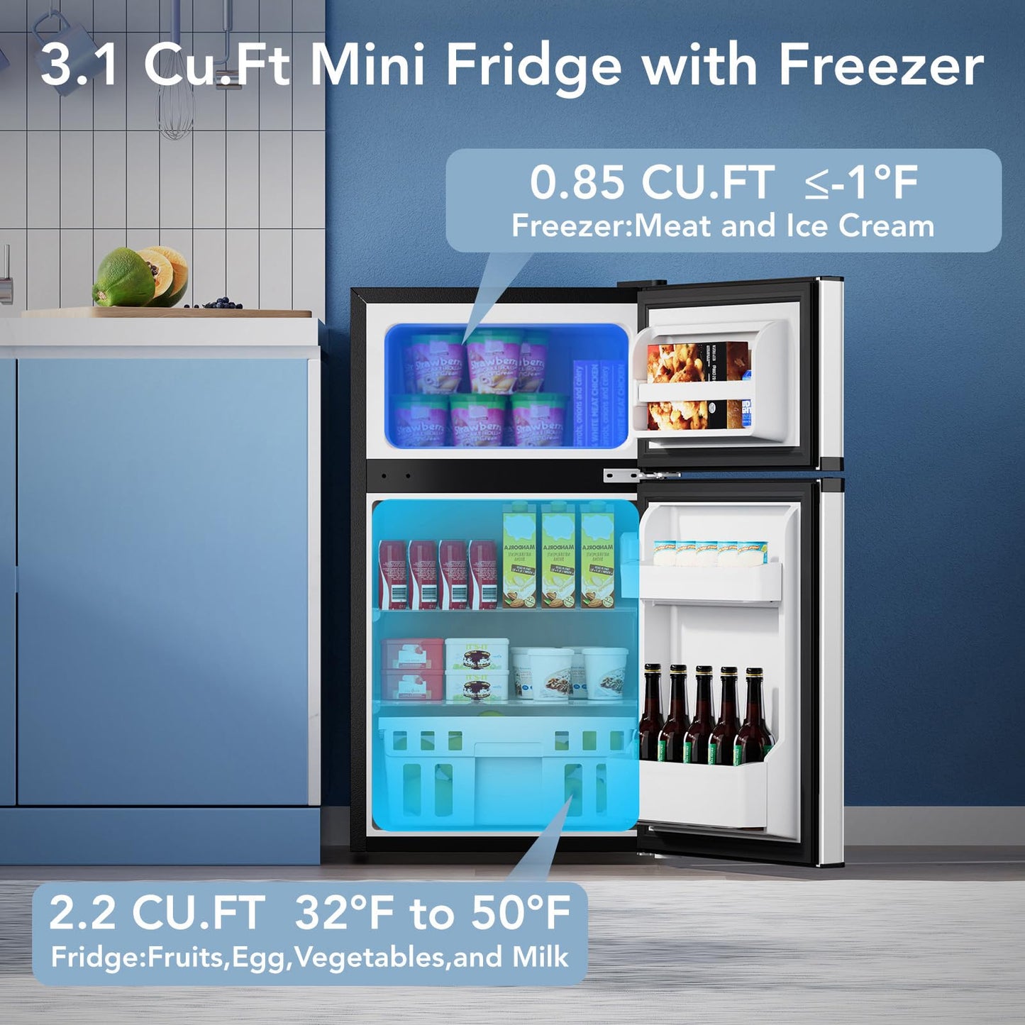 Electactic 3.2 Cu.Ft Mini Fridge with Freezer, Compact Refrigerator with 2 Doors, Small Fridge with Adjustable Thermostat & Removable Glass Shelves for Bedroom, Office, Dorm, or Apartment, Silver