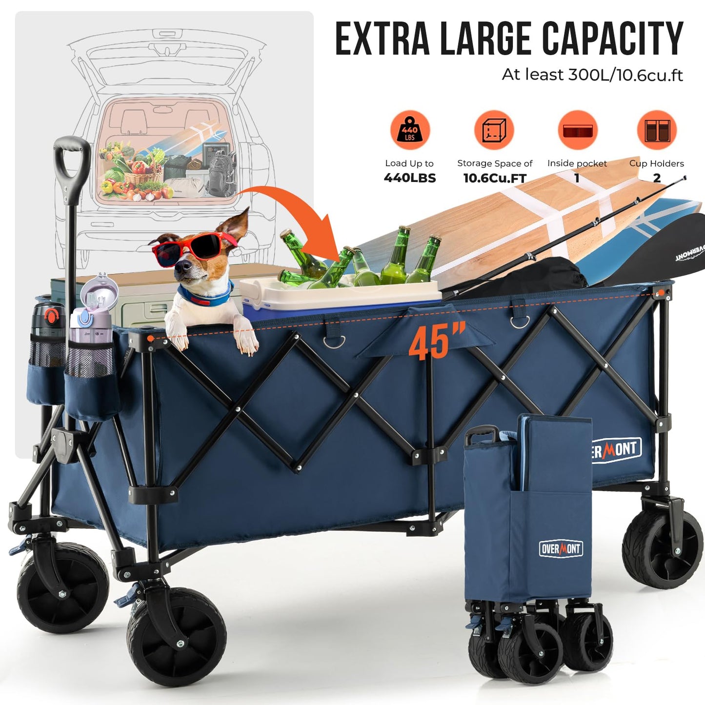 Overmont 45'' Collapsible Foldable Extended Wagon Cart - 300L Heavy Duty 440lbs Large Capacity Folding Utility Wagon with All-Terrain Wide Wheels for Camping Sports Grocery Beach