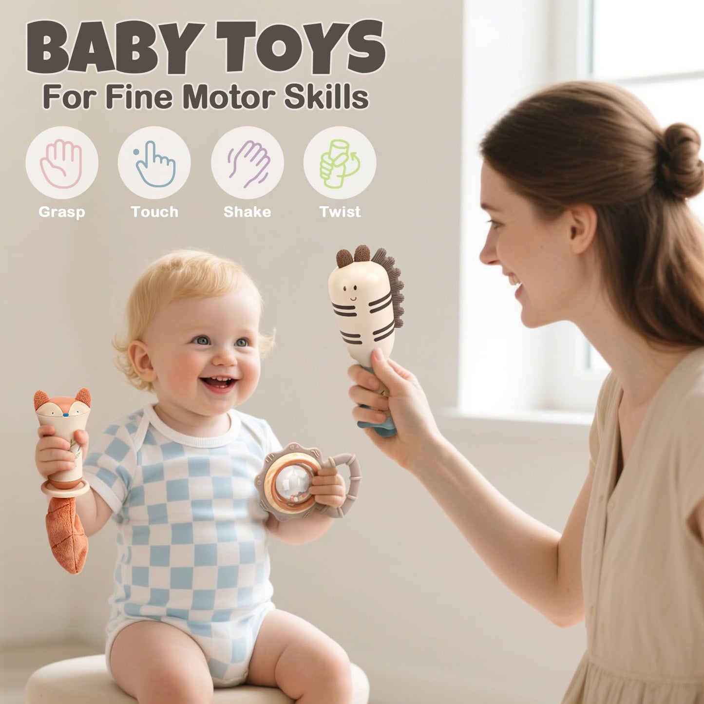 Baby Rattles & Teethers Set – Baby Toys 0-6 Months, Teething Toys 3-6 Months, Sensory Toys with Soft Textures, Gentle Sounds & Easy-Grip Shape, Neutral Newborn Gift(10-Pack)