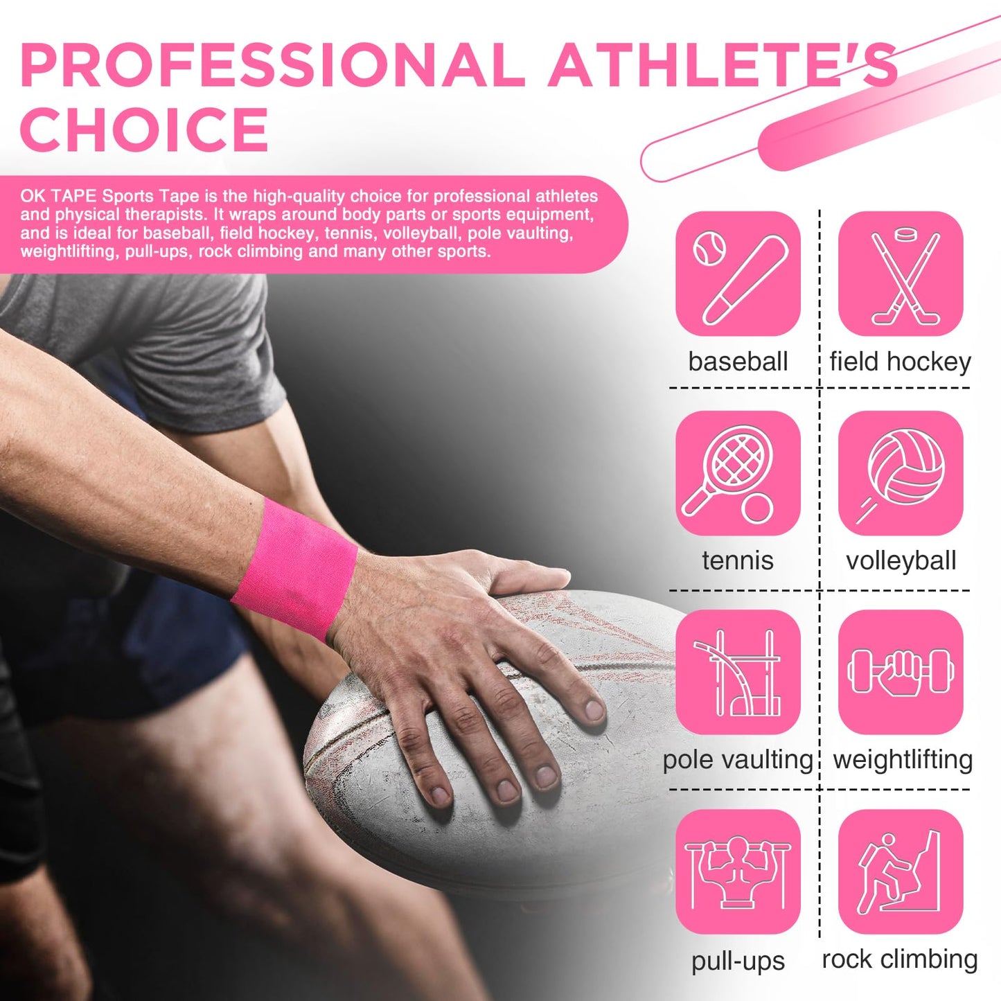 OK TAPE Athletic Sports Tape(4 Packs) Pink- 32.8ft Per Roll Athletic Tape for Injuries,Strong Stick No Residue Athlete & Sport Trainers First Aid Injury Wrap, Hockey Stick